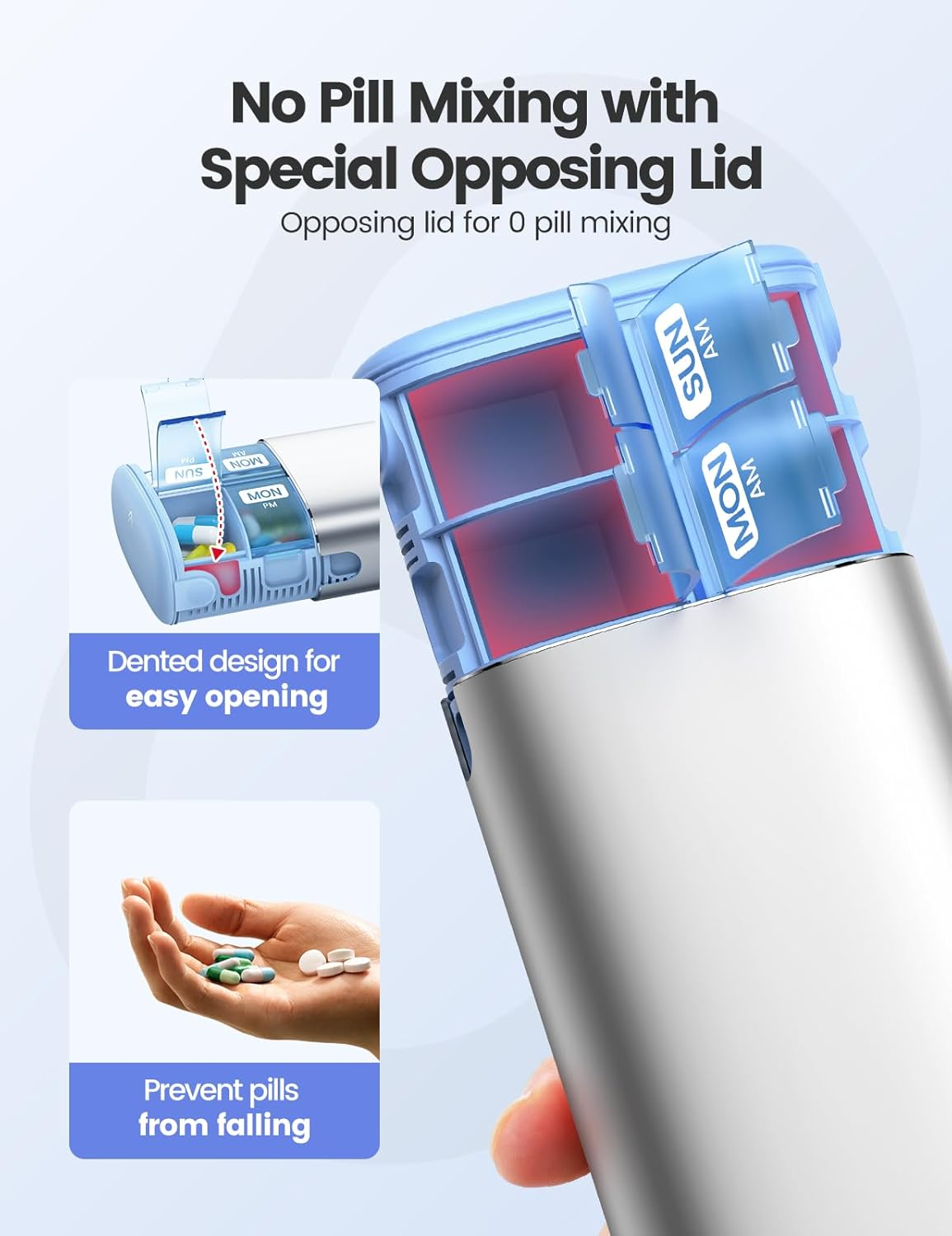 Vaydeer Metal 7 Day Pill Organizer 2 Times a Day &ndash; AM PM Weekly Travel Pill Case with Moisture-Proof Desiccant, Airtight Large Capacity Pill Box for Vitamins, Medications & Supplements (Black)