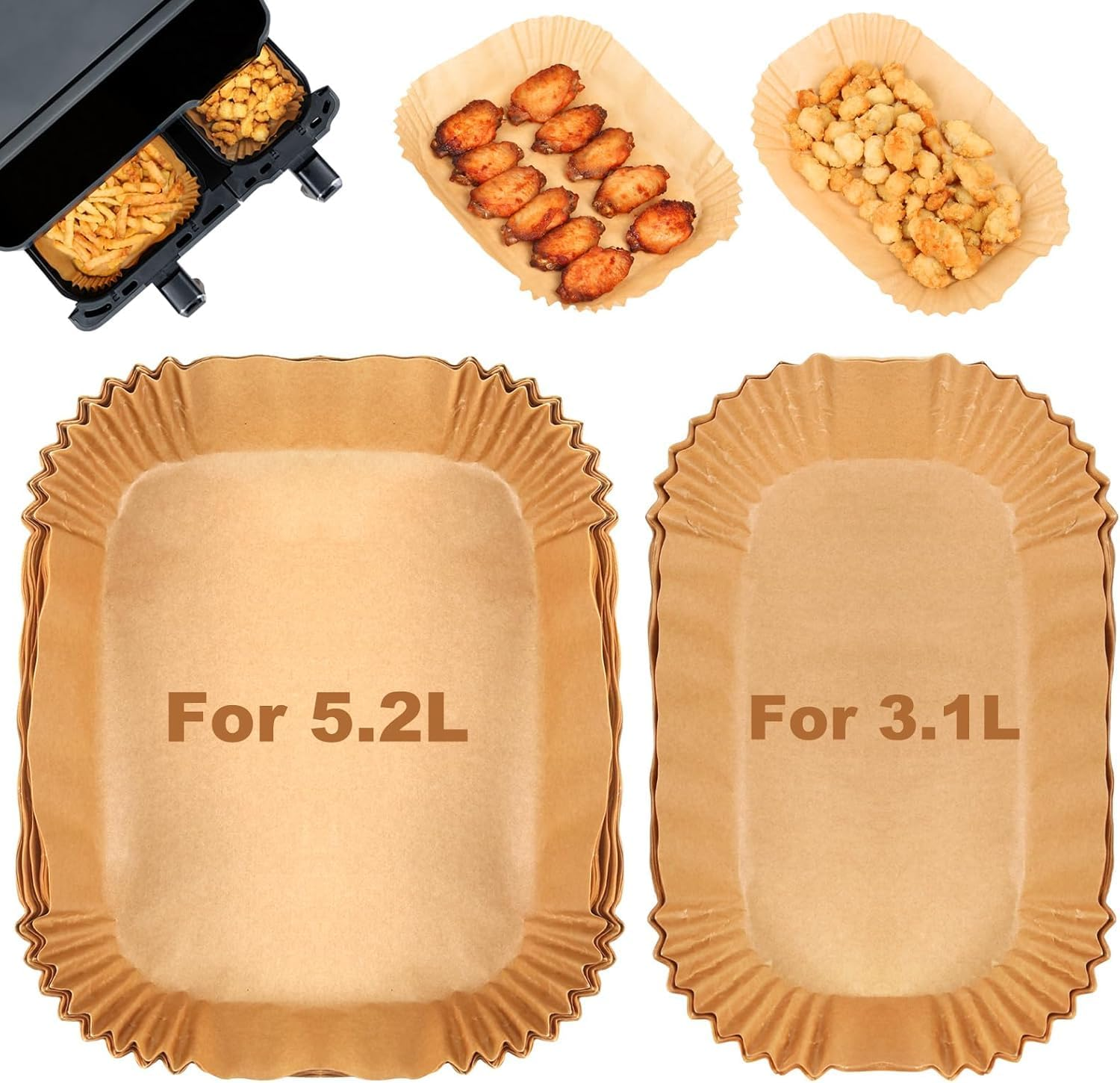 Akulife Air Fryer Liners for 5L & 3L Dual Air Fryer, Disposable Paper Liners for Philips Dual Basket Air Fryer, Tefal, Tower and Other Large & Small 2 Drawer Basket Air Fryer (100PCS) image number 4