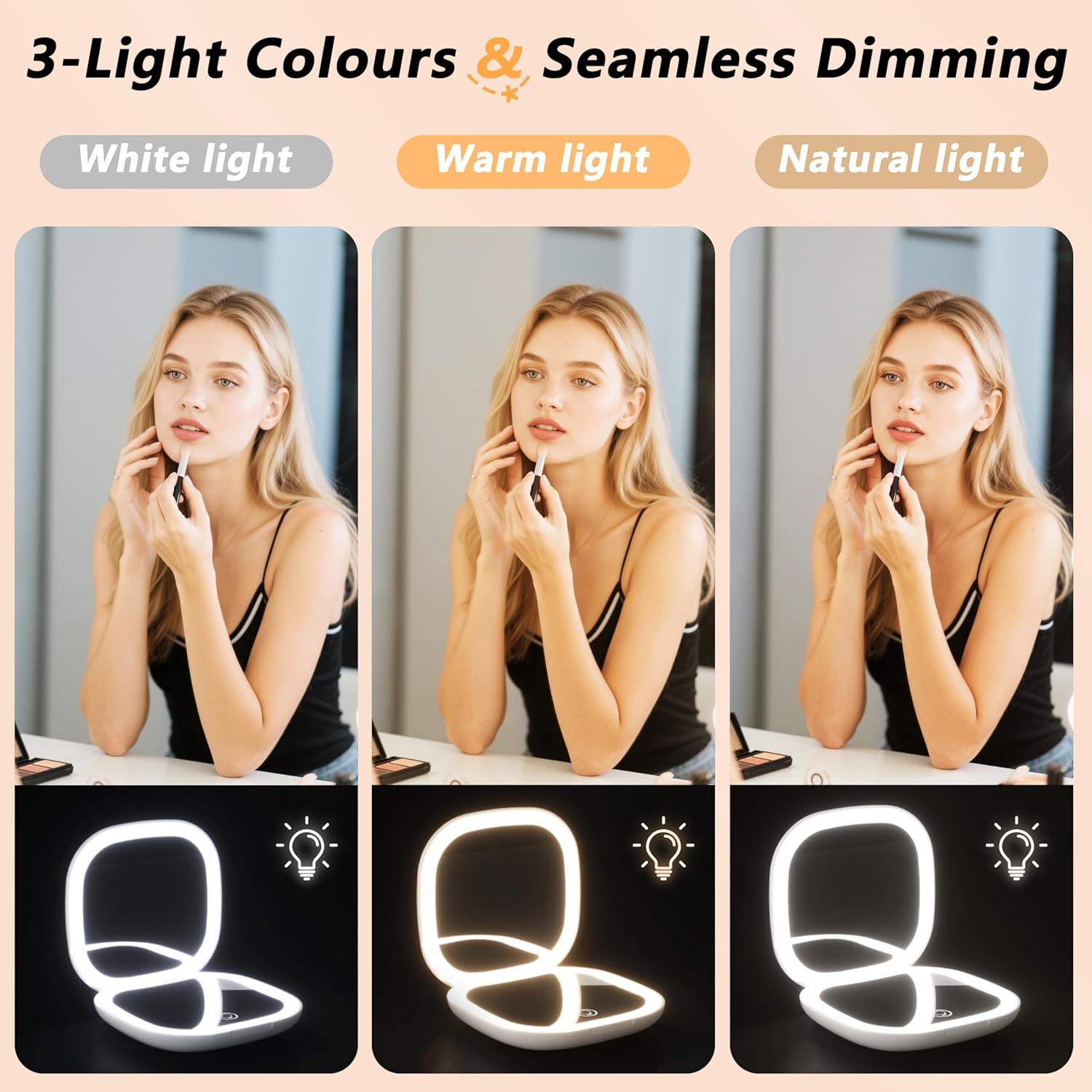 Travel Mirror 1X/10X Compact Mirror: Magnifying Makeup Mirror with 3 Colour Temperature LED, USB Rechargeable, Portable Pocket Mirror Magnetic Folding, Small Handheld Mirror Touch Sensor White image number 2