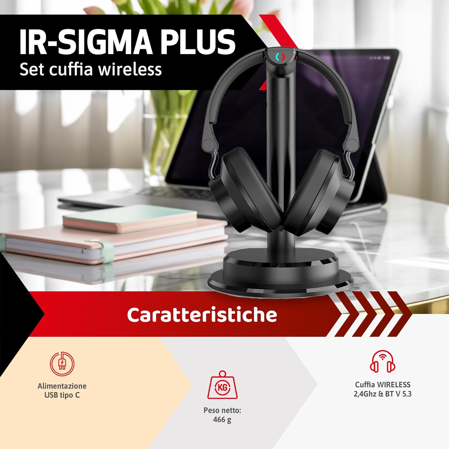 IRRADIO Ir-Sigma plus Wireless BT Headset for TV, Music and Gaming. Immersive Audio, Selective Equalizer, BT or Wired, Split Listening, Transmission Range up to 100 Feet image number 4