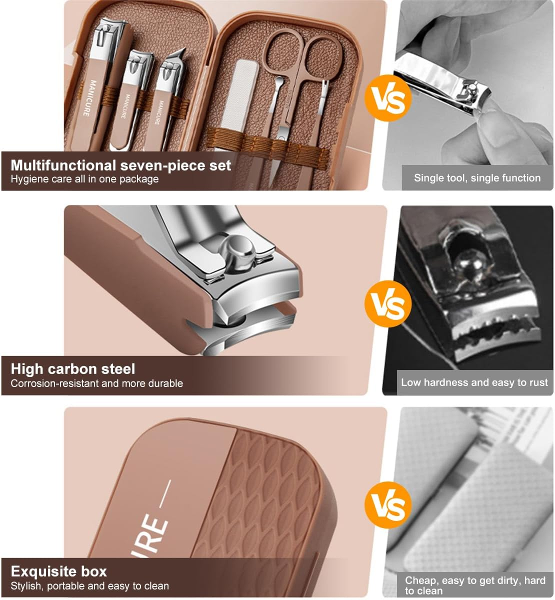 Manicure Set 7Pcs Nail Clippers Pedicure Kit Professional Manicure Pedicure Set for Men Women Personal Care Set Nail Grooming Kit with Leather Travel Case Present for Husband Girlfriend (Coffee) - Coffee image number 4