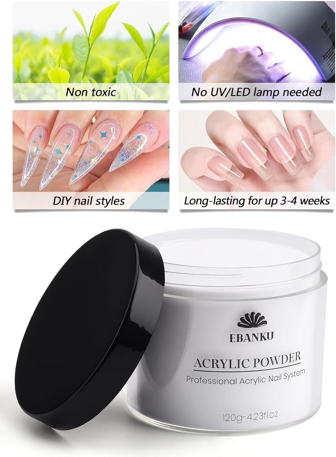 Kalolary Clear Acrylic Powder, 120G/4.23Oz Acrylic Powder Large Capacity Professional Acrylic Nail Powder for Nail Acrylic Extension, Nail Carving, Long-Lasting, No Nail Lamp Needed image number 4