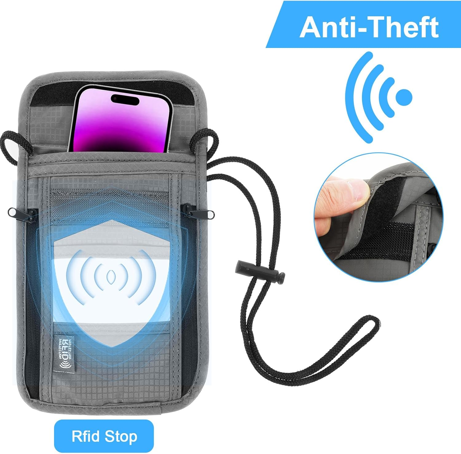 LXUEJIE Neck Pouch with RFID Protection, Anti-Theft Unisex Travel Wallet, Waterproof Neck Pouch, Men'S Hidden Chest Pocket for Passport, Credit Cards, Smartphone, Coins, Money (Black), Gray, 19 X 14,5 image number 4