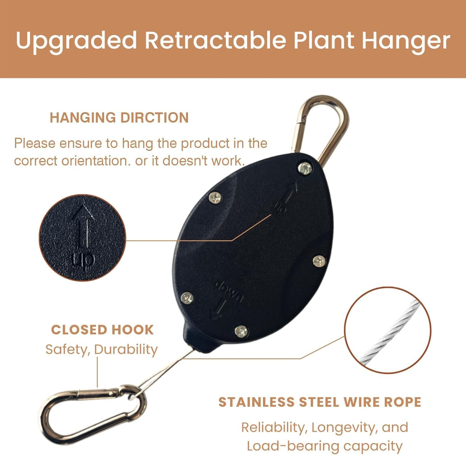 2PC (Black)Heavy Duty Retractable Hangers, Adjustable Climbing Hook for Garden Baskets Watering, or Bird Feeders,Stainless Steel Rope, Plant Pulleys for Hanging Plants, Auto Plant Holder,Plant Hanger image number 4