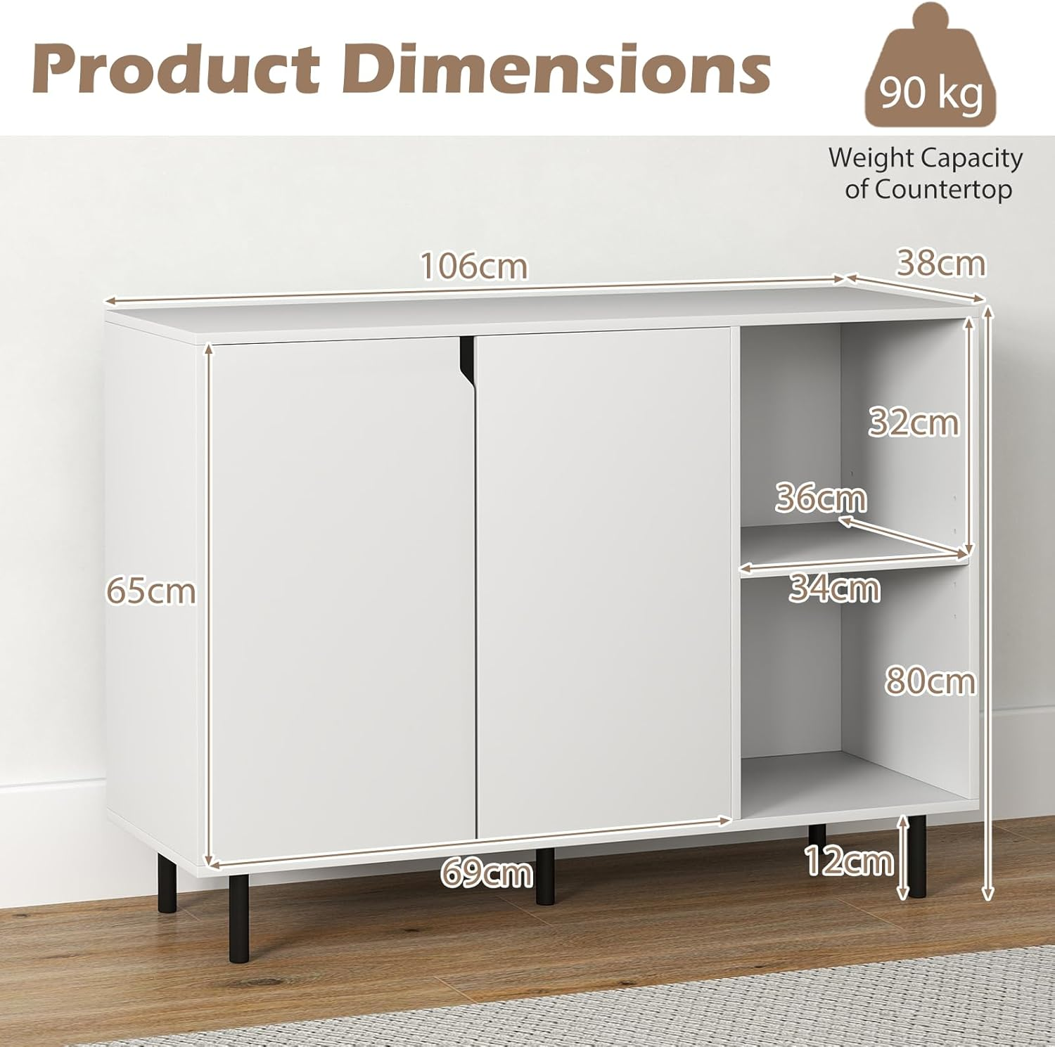 Giantex 106 Cm Sideboard Buffet Cabinet, Modern Kitchen Storage Cabinet W/ 2 Doors & Adjustable Shelves, Anti-Toppling Kit, Coffee Bar Cabinet for Kitchen, Entryway, Dining Room image number 6