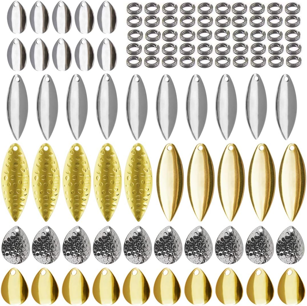 OROOTL Fishing Spinner Blades Split Rings Kit, 100Pcs Colorado Willow Blades Lure Rings Set Gold Silver Spoon Easy Spin Spinner Bait Making Freshwater Saltwater Walleye Rig Inline DIY Accessories image number 6