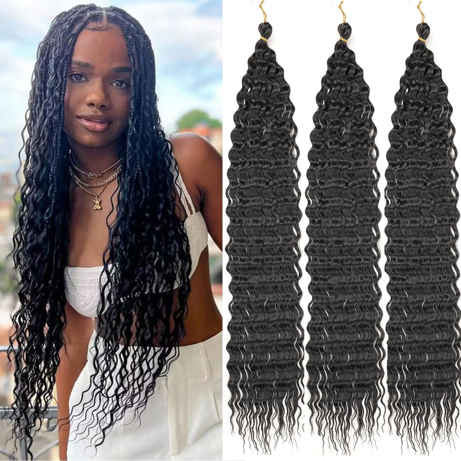 Mscat 24 Inch Ocean Wave 3Pack Crochet Hair Extexsions Long Braids Deep Wave Synthetic Hair Curly Braiding Hair for Black Women 1B# image number 6