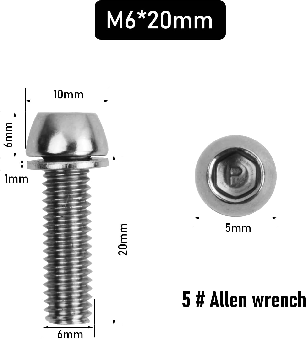 Pack of 10 Bicycle Stem Screws, M5 X 20 Mm Bicycle Stem Screws with Washers, Bicycle Cone Screws, Bicycle Stem Bolts, Cone Head Screw for Mountain Bike (Black) image number 4