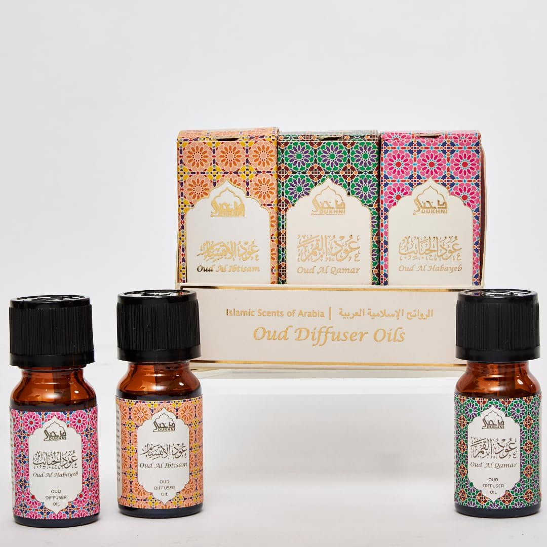 Floral Oud Diffuser Oil Set, Essential Oils by Dukhni | 3 X 10Ml Arabic Oil Gift Set for Diffuser, Humidifier, Electric Burner | 100% Pure Halal Oudh Oils | for Aromatherapy, Stress Relief and Massage. image number 3