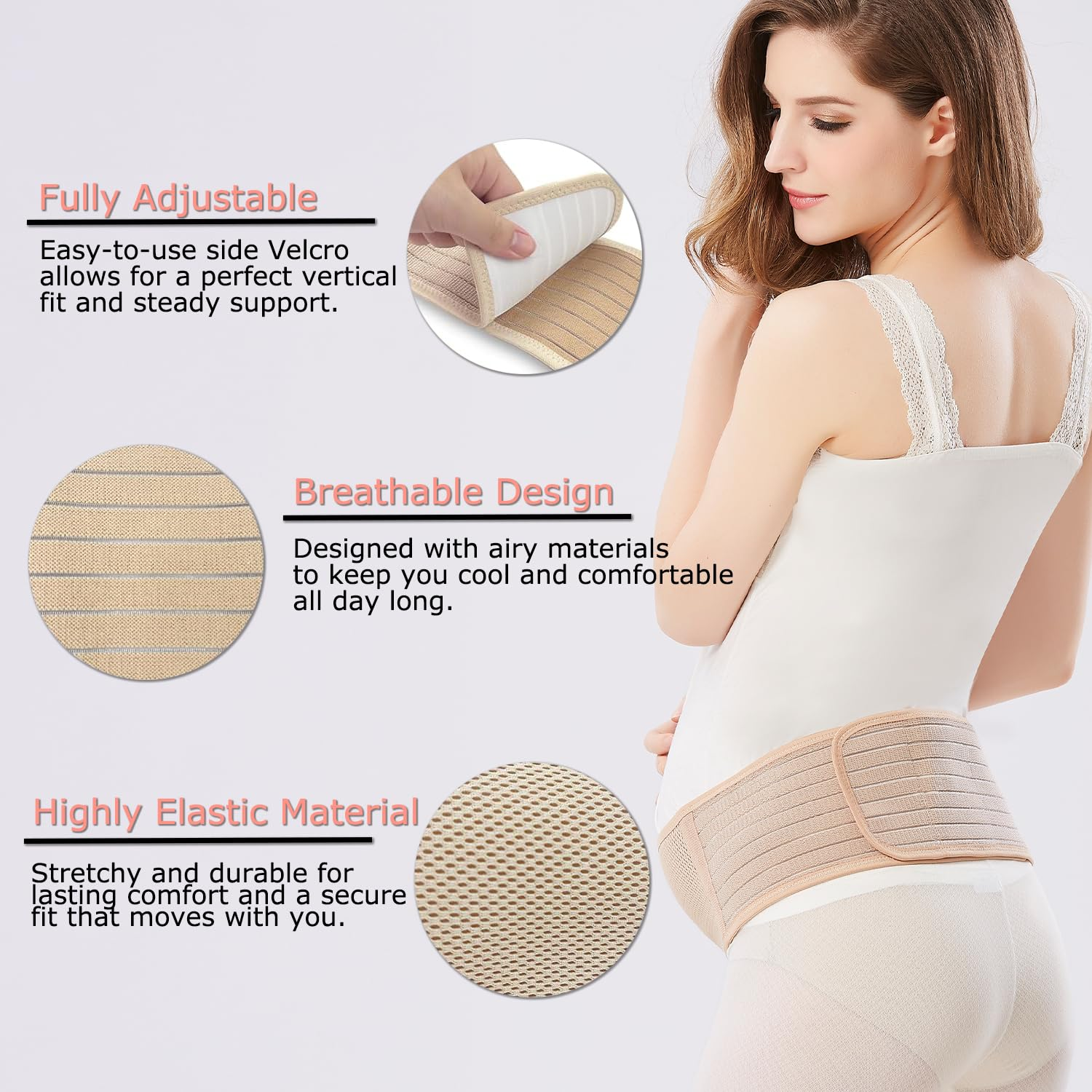 Maternity Belly Bands for Pregnant Women - Soft & Breathable Pregnancy Belly Support Band, 10CM Extra-Long Hook-And-Loop Tape, Adjustable Maternity Belt for Back, Pelvic Support, Comfortable, Easy to Use (Beige, XL-115CM) image number 1