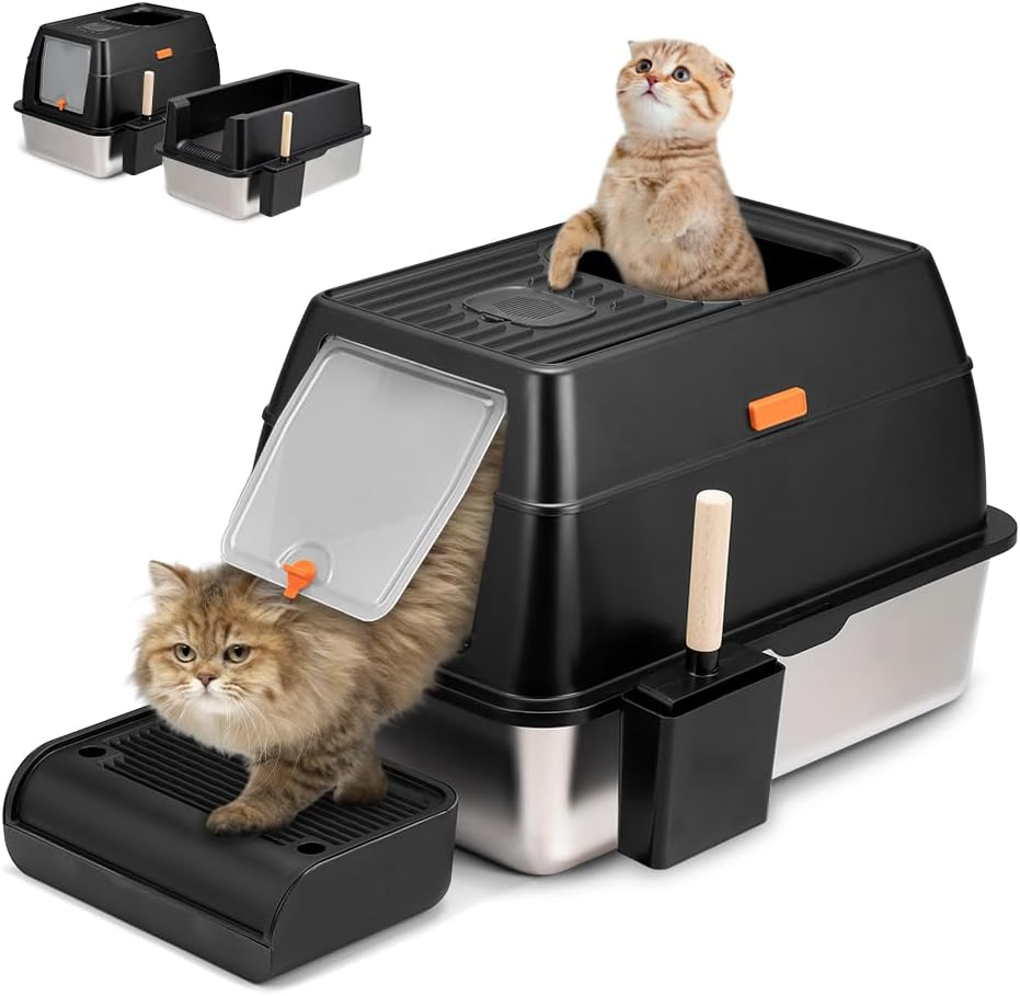 Petzly Stainless Steel Litter Box with Lid, 60 L X 40W X 40H CM XXL Cat Litter Box, Front Entry Top Exit Kitty Litter Box, Extra Large Enclosed Metal Litter Box with Litter Scoop & Litter Mat image number 3