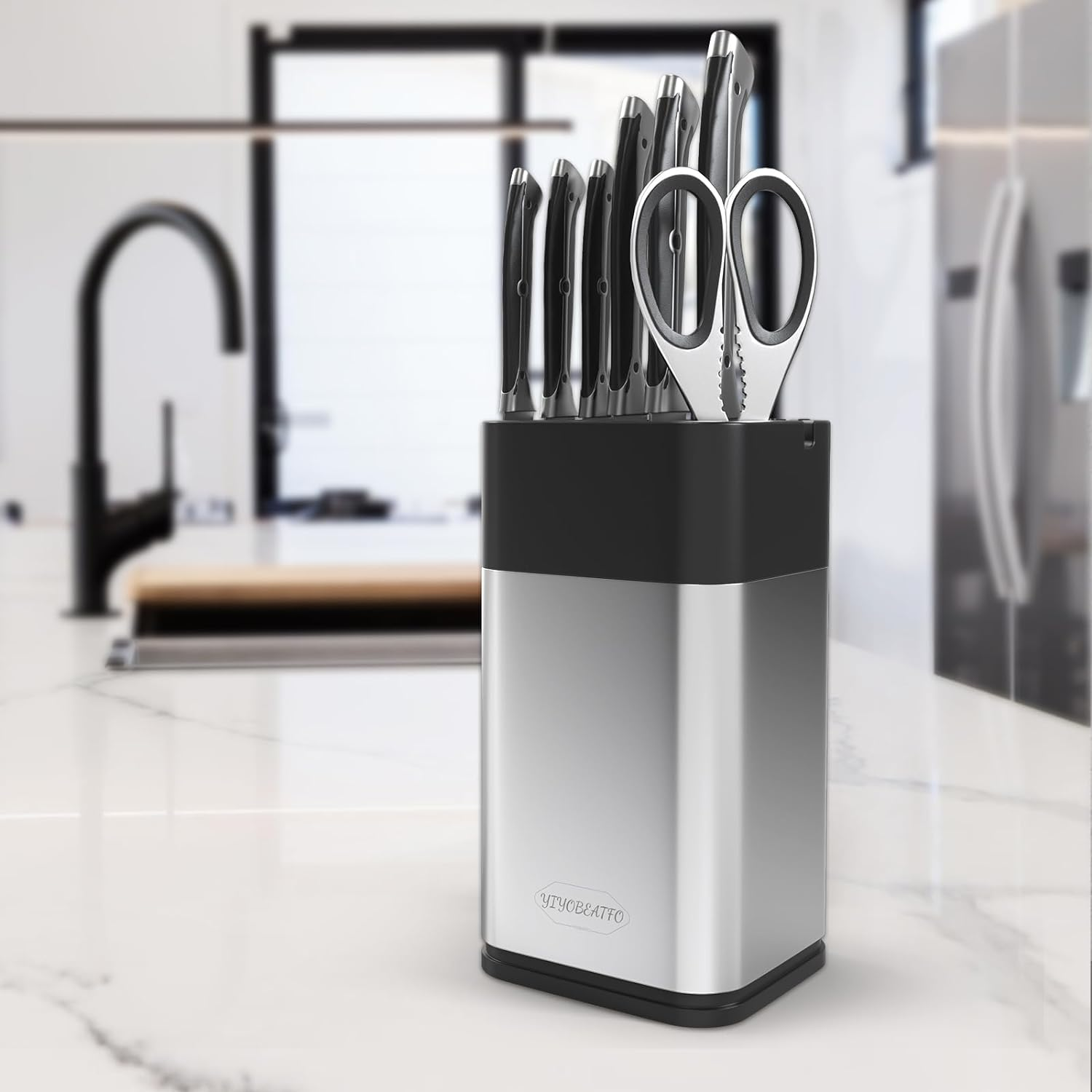 Knife Block Holder,Universal Knife Block without Knives, Space Saving Knife Storage and Protect Blades, Unique Modern Design with Knife Sharpener and Scissor Slot. image number 2