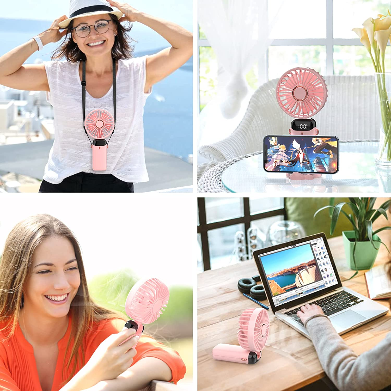 Personal Fan, Portable Hanging Neck Fan, 4000Mah USB-C Rechargeable 5-Speed Modes Powerful Desktop Fan with Base, Max 16H Run Time, Adjustable Lanyard and Bracket Hands-Free Cooling Fan-Pink image number 4