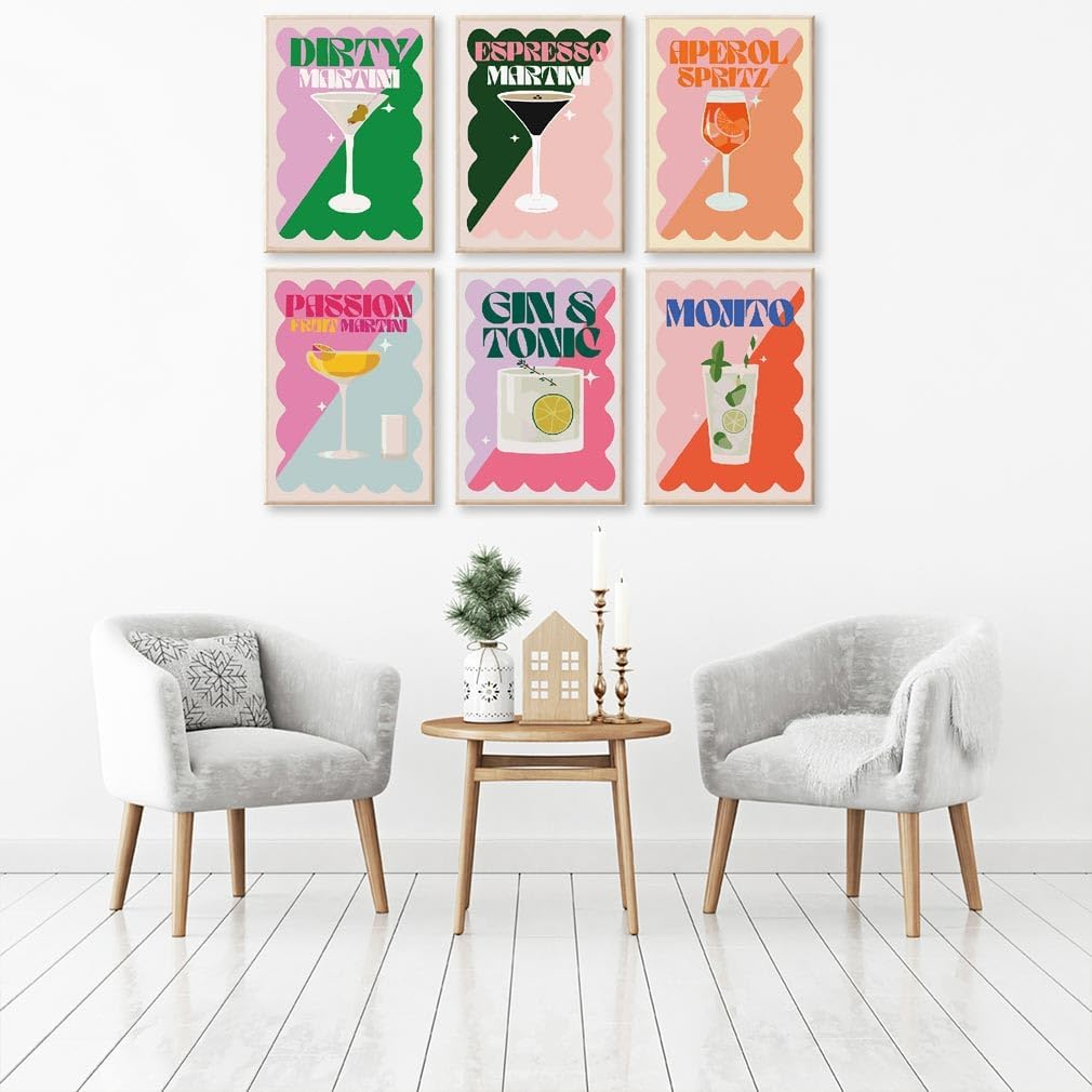 CAMOYAI 6 Pack Vintage Cocktail Paint by Numbers Kits for Adults, Simple DIY Acrylic Paint Kits on Canvas, Home Wall Decor 8X12Inch image number 5