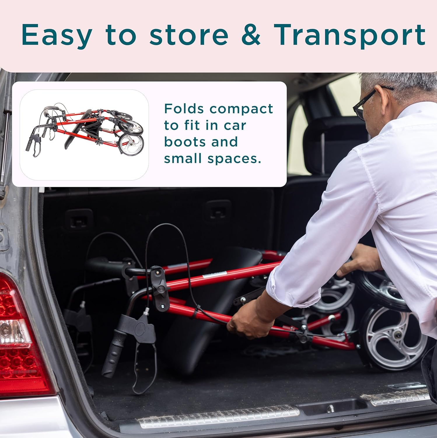 Australia Rollator| Classic 4 Wheel Walkers with Seat and Brakes for Seniors, Rollator Walker with Seat, Backrest, Basket, Large Wheels- Easy Folding Senior Walker Lightweight Mobility Walking Aid, Support up to 136 Kg R3 BL (RED) - Red image number 2