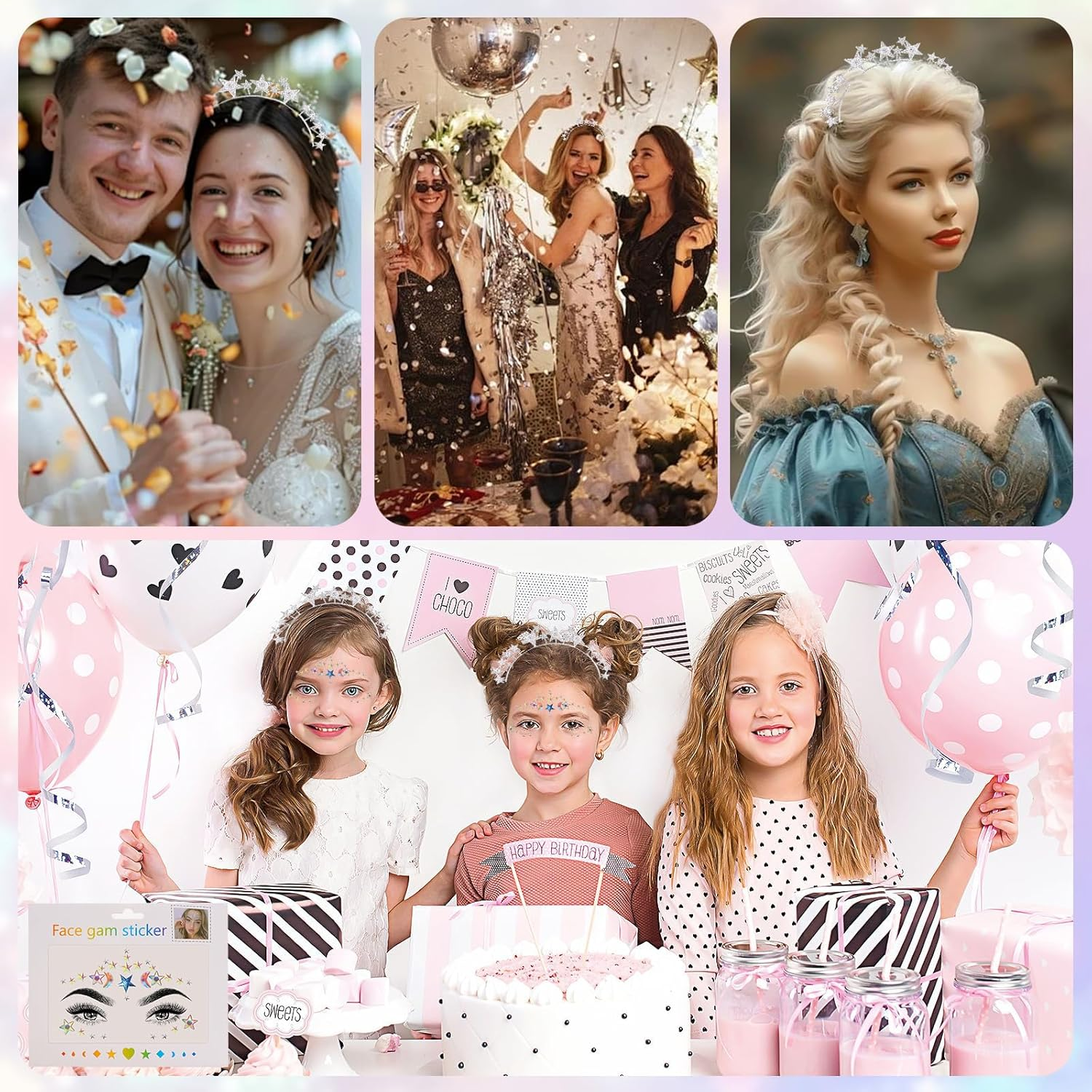 Yeenao Stars Headband Silver Stars Headband Rhinestone Hair Band Face Tattoo Carnival Halloween Birthday Party Costume Headband Glitter Hair Accessories for Women Girls