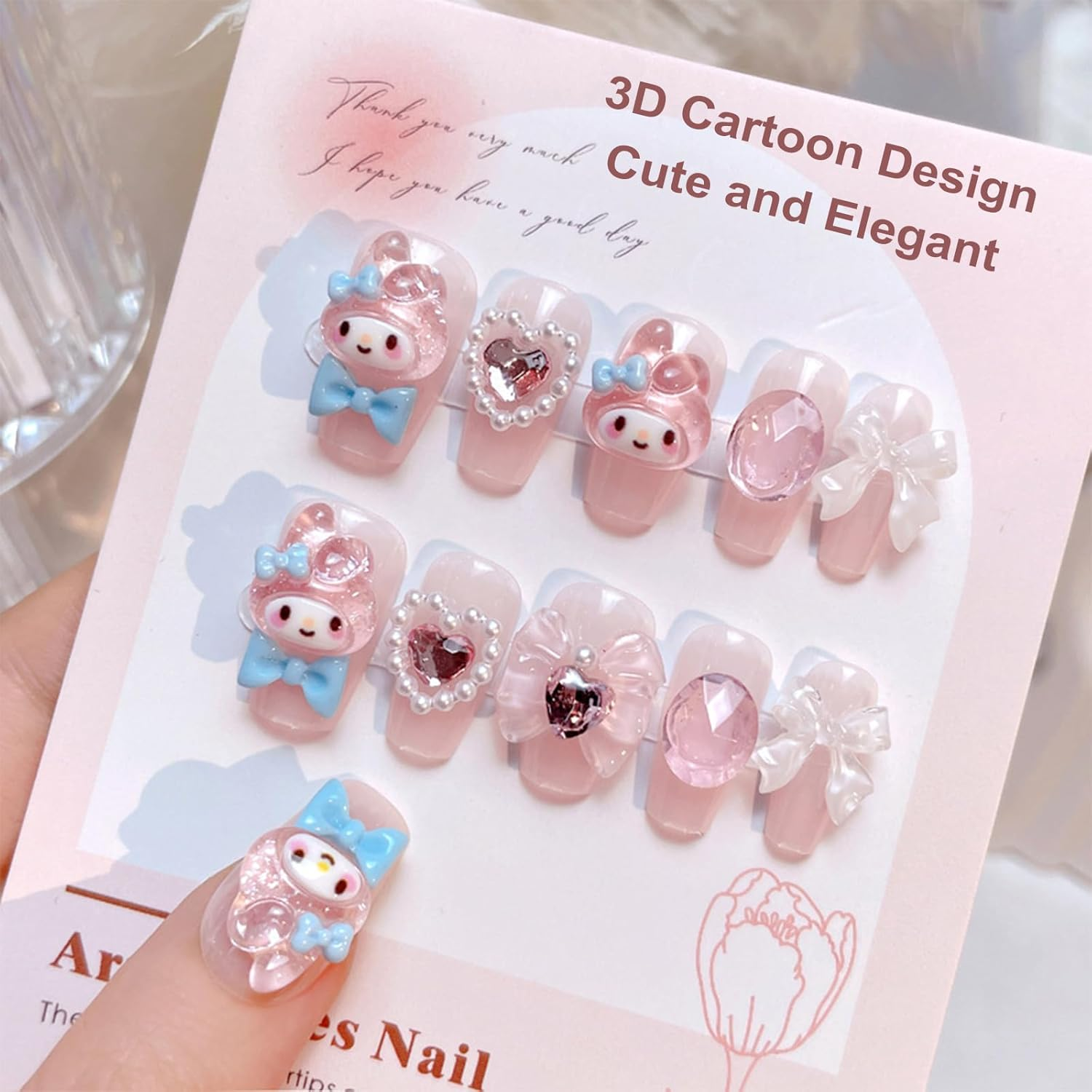 24PCS Cute Kawaii 3D Cartoon False Nails,Medium Pretty Press on Nails,Nude Pink Coffin Fake Nails with 3D Bow Design,Glossy and Full Cover Acrylic Nails for Women or Girls