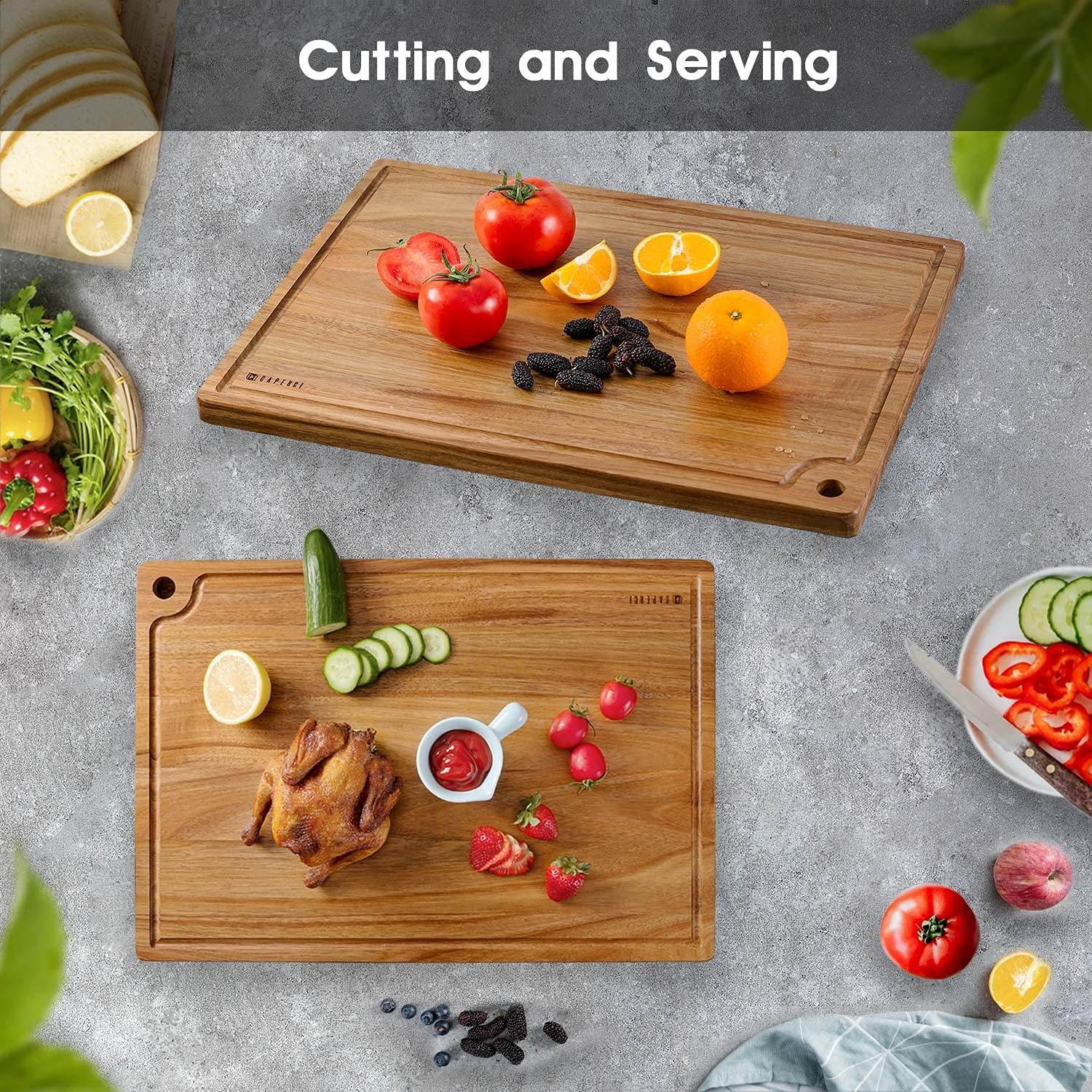 Extra Large Reversible Wood Cutting Board with Juice Groove - Caperci Better Kitchen Acacia Wood Edge Grain Chopping Board for Meat Cheese and Vegetables (XL 20 X 14 '') image number 4