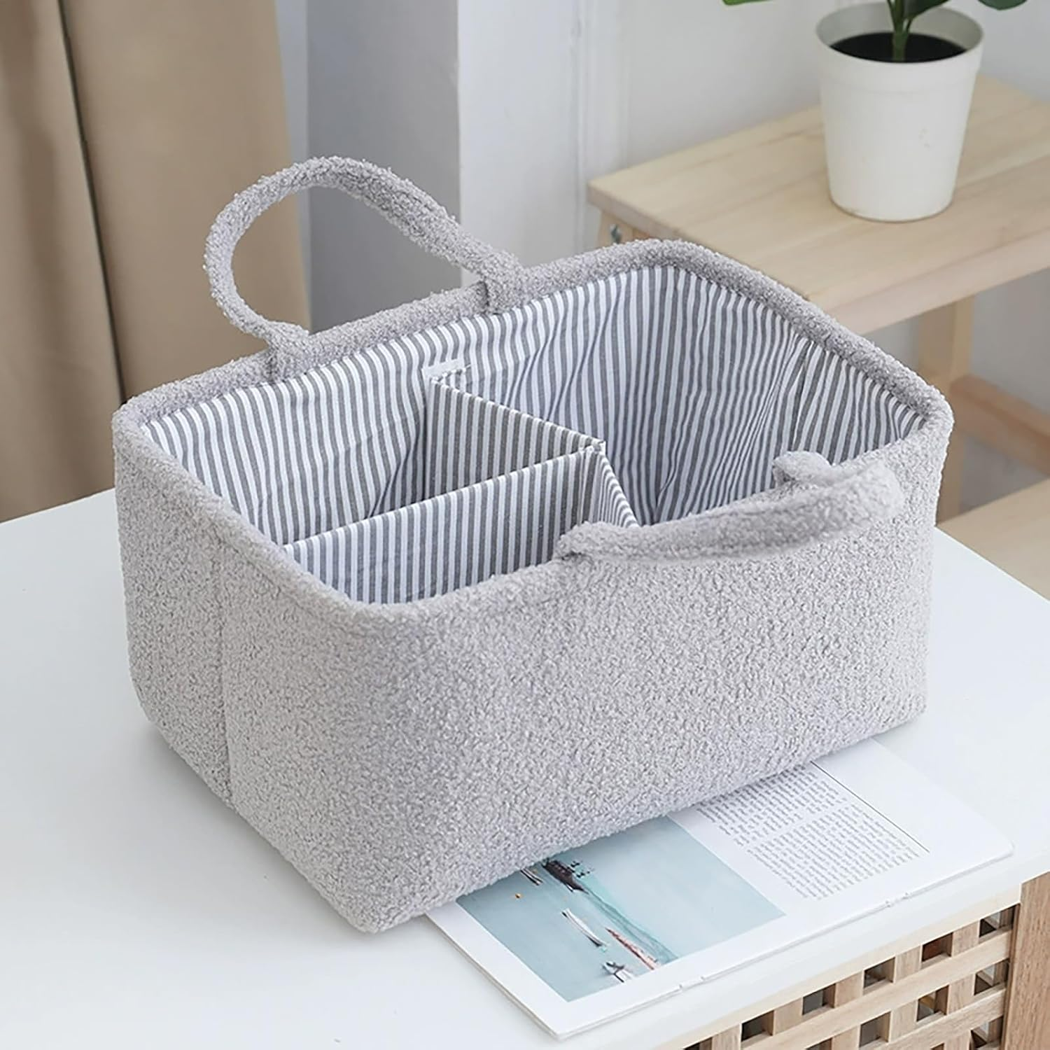 LISNSMY Baby Nappy Caddy Organiser, with Removable Inserts, Baby Storage Basket for Diapers and Wipes, 38 X 26 X 18 CM (Gray)