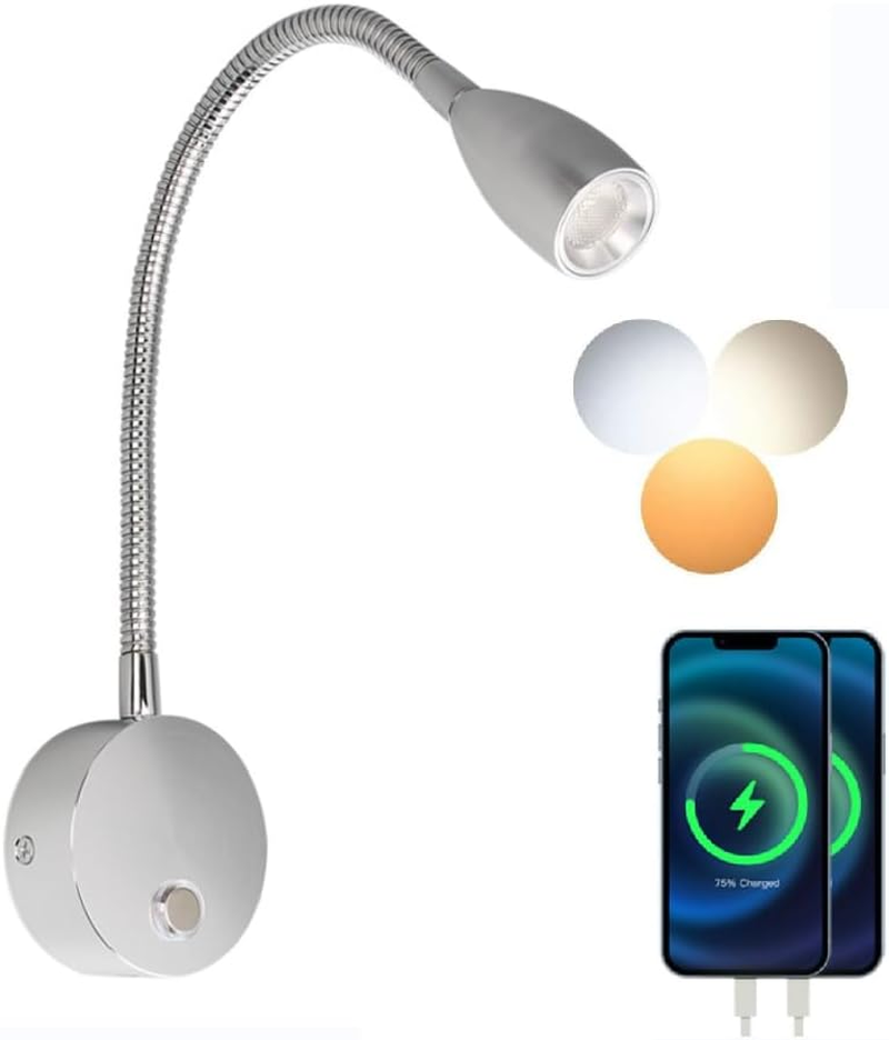 12V RV Reading Light with Dual Charging Ports, 3CCT Touch Control Dimmable Flexible Gooseneck Wall Lamp RV Interior Bedside Light for Motor-House Camper Caravan Vehicle Vessel Boat Yacht (Black)