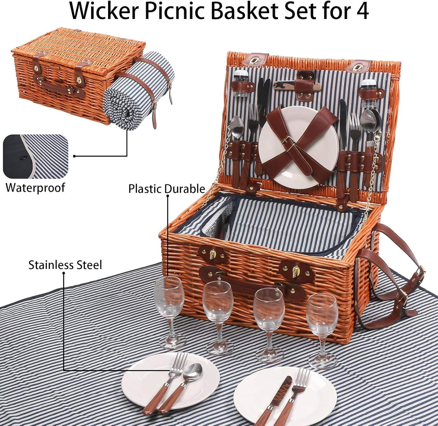 NUFECARG Picnic Basket, Wicker Picnic Basket Set with Blanket and Wine Pouch, Picnic Set with Cutlery Set for 4, Insulated Liner Cooler Bag Hamper, Ideal Gifts for Camping, Picnic, Travel and Beach image number 2