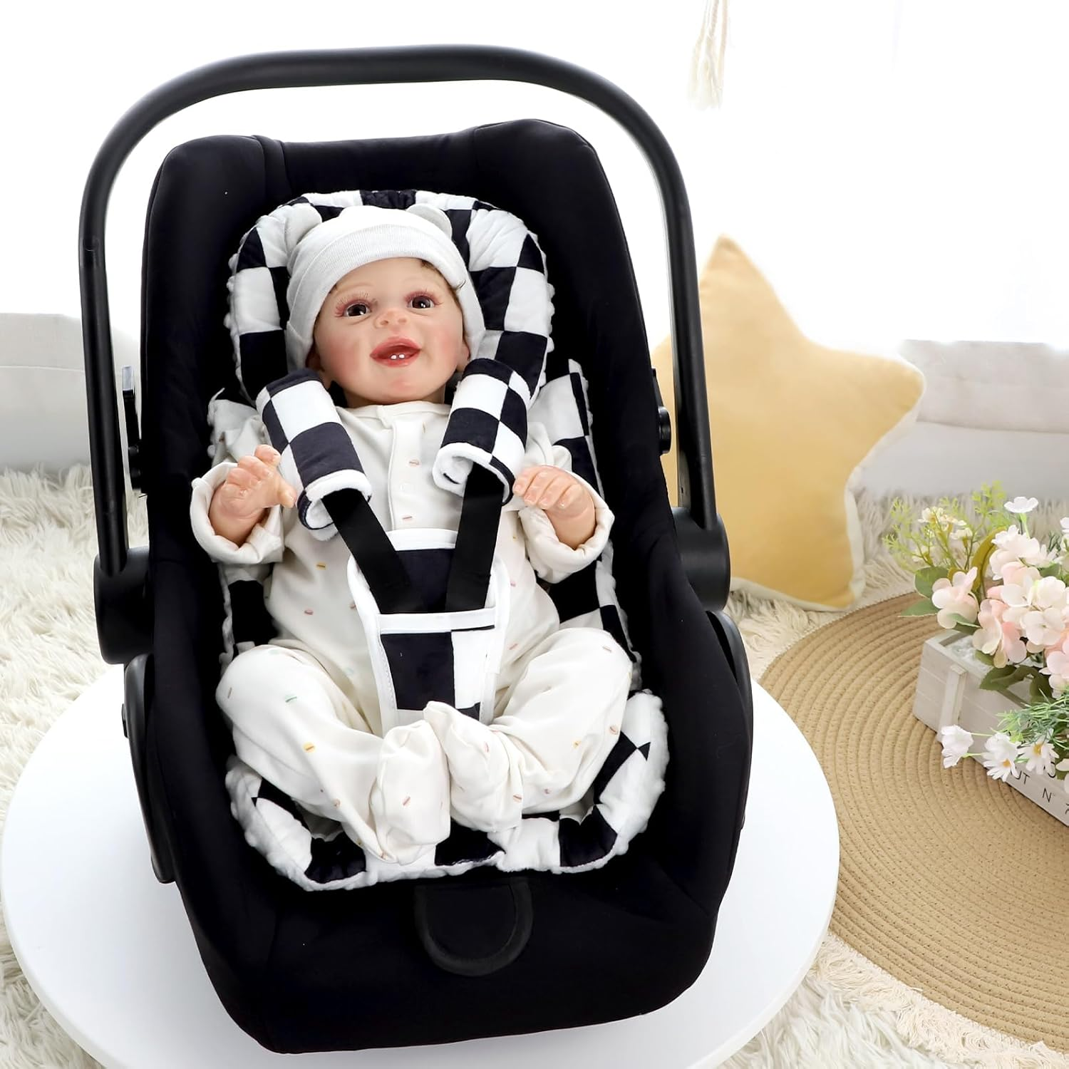 DILIMI Infant Car Seat Insert, Baby Car Seat Head Support with 3 Strap Paddings, Soft Newborn Carseat Cushion Insert for Stroller, Swing, Bouncers, Black Checkered image number 2