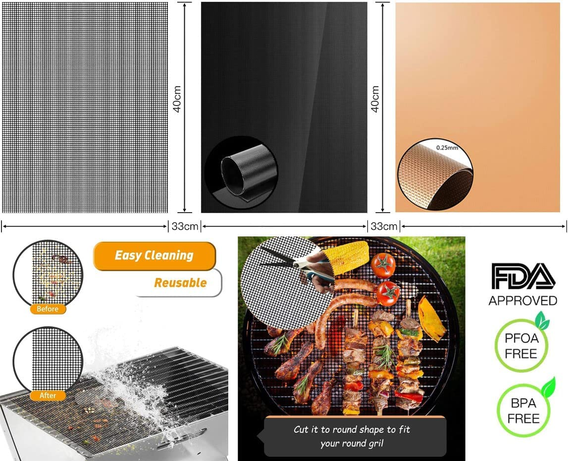 BBQ Grill Mat, 8 Pack(6 Solid Mats * 2 Mesh Mats) Non-Stick BBQ Baking Mats Reusable for Charcoal, Gas or Electric Grill - Easy to Clean, Heat Resistant Barbecue Sheets