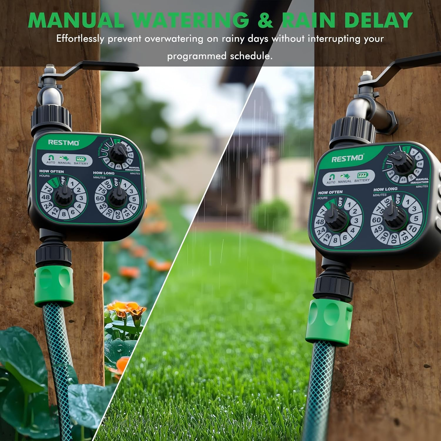 RESTMO 3-Dial Analog Water Timer, Mechnical Control Automatic Irrigation with Manual and Rain Delay, Sprinkler Timer for Garden Hose Watering, Self-Watering System, Easy to Set Up image number 2