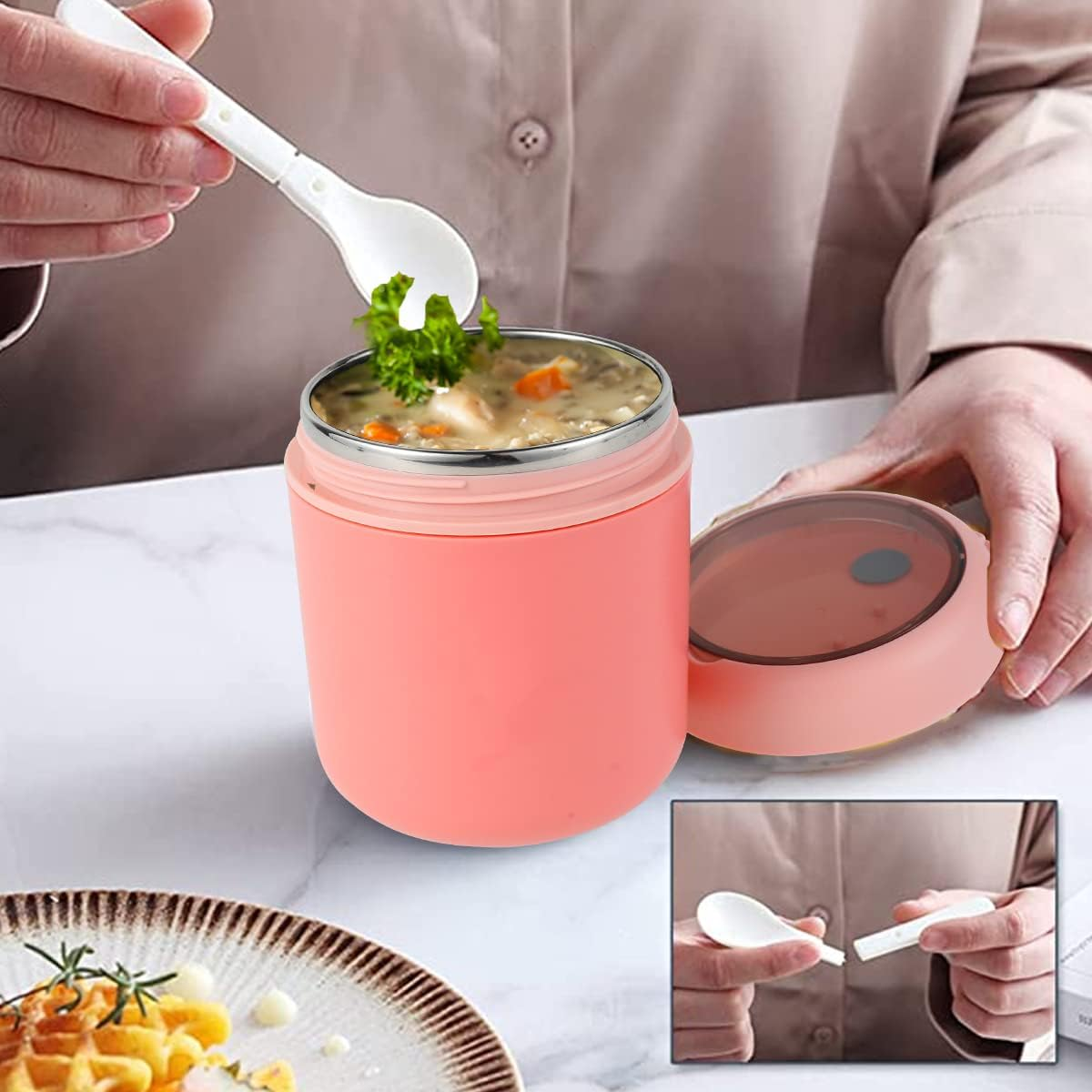 Insulated Food Jar with Spoon, Soup Food Flask，Stainless Steel Vacuum Food Soup Bottles That Keep Foods Hot, Insulated Food Container Wide Mouth Hot Food Jar(Pink 530Ml) image number 4