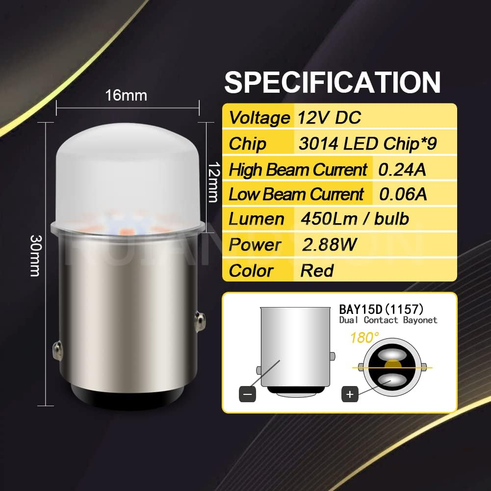 Ruiandsion 1157 BAY15D LED Bulb 12V 2057 2357 7528 Red 3014 9SMD LED Chipsets Replacement for Car RV Camper Brake Stop Parking Tail Lights (Pack of 2)