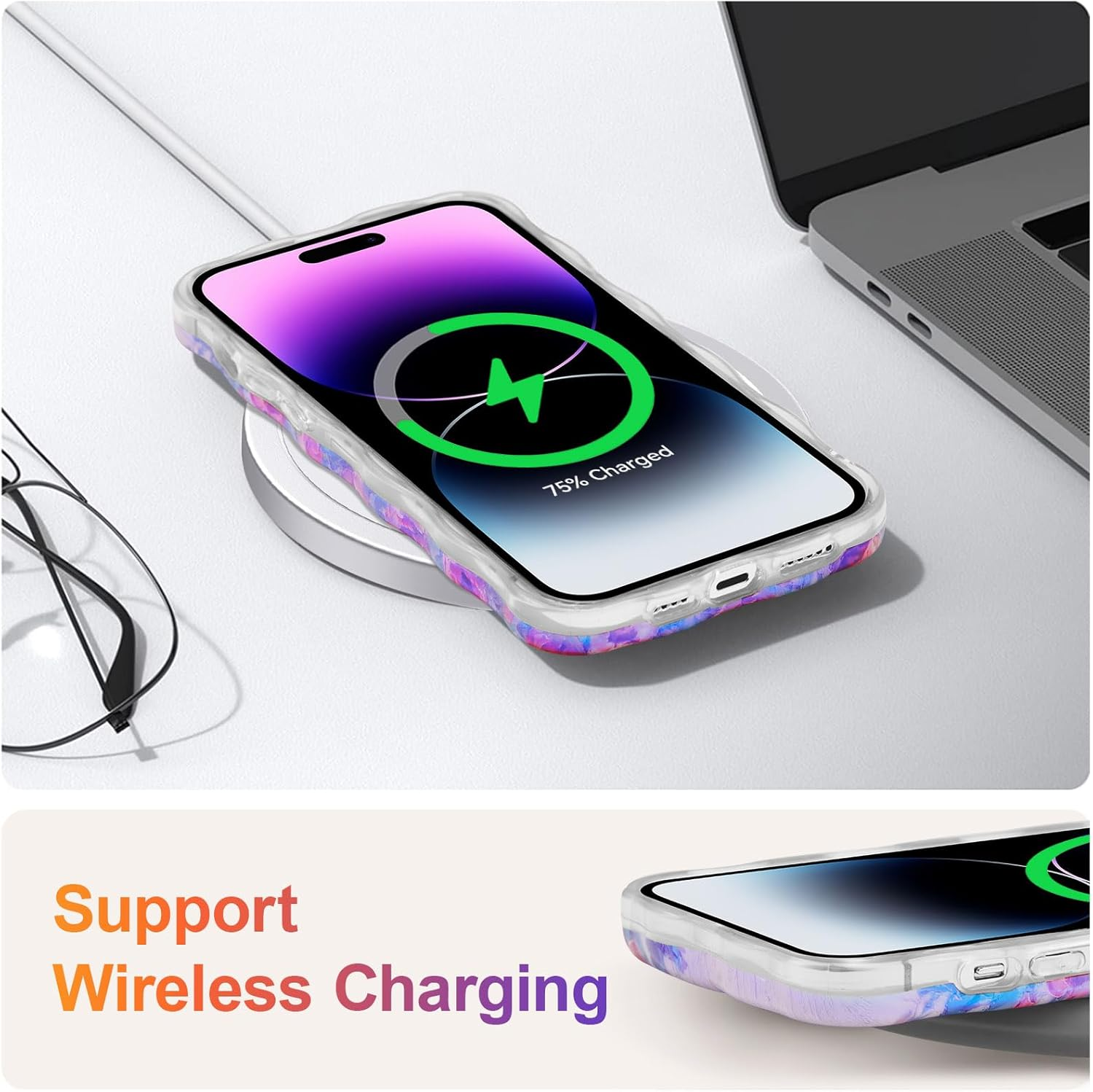 EYZUTAK Case for Iphone 15 Pro, Colorful Retro Oil Painting Printed Flower Laser Glossy Pattern Cute Curly Waves Border Exquisite Phone Cover Stylish Durable TPU Protective Case for Girls Women -Beige image number 5