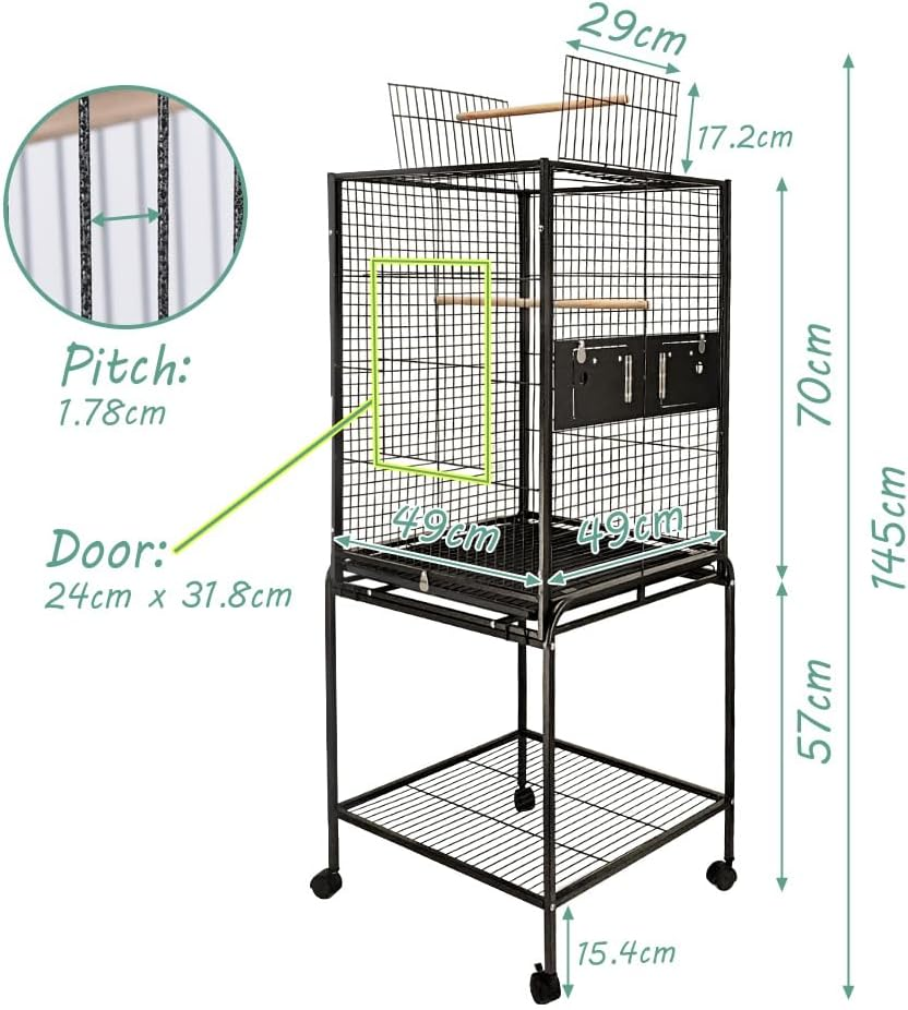 Taily Bird Cage Stand-Alone Aviary 145Cm Large Bird Cages Travel Stand Budgie Parrot Birdcage with Removable Tray Black image number 4