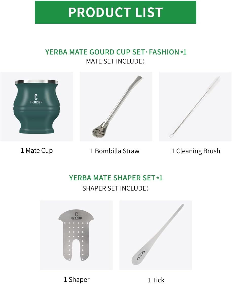 Cuopru Yerba Mate Cup Bombilla - Mate Gourd Set Includes Double Walled Stainless Steel Tea Cup, Tea Shaper Set, Bombilla Straws, Cleaning Brush - Army Green image number 5