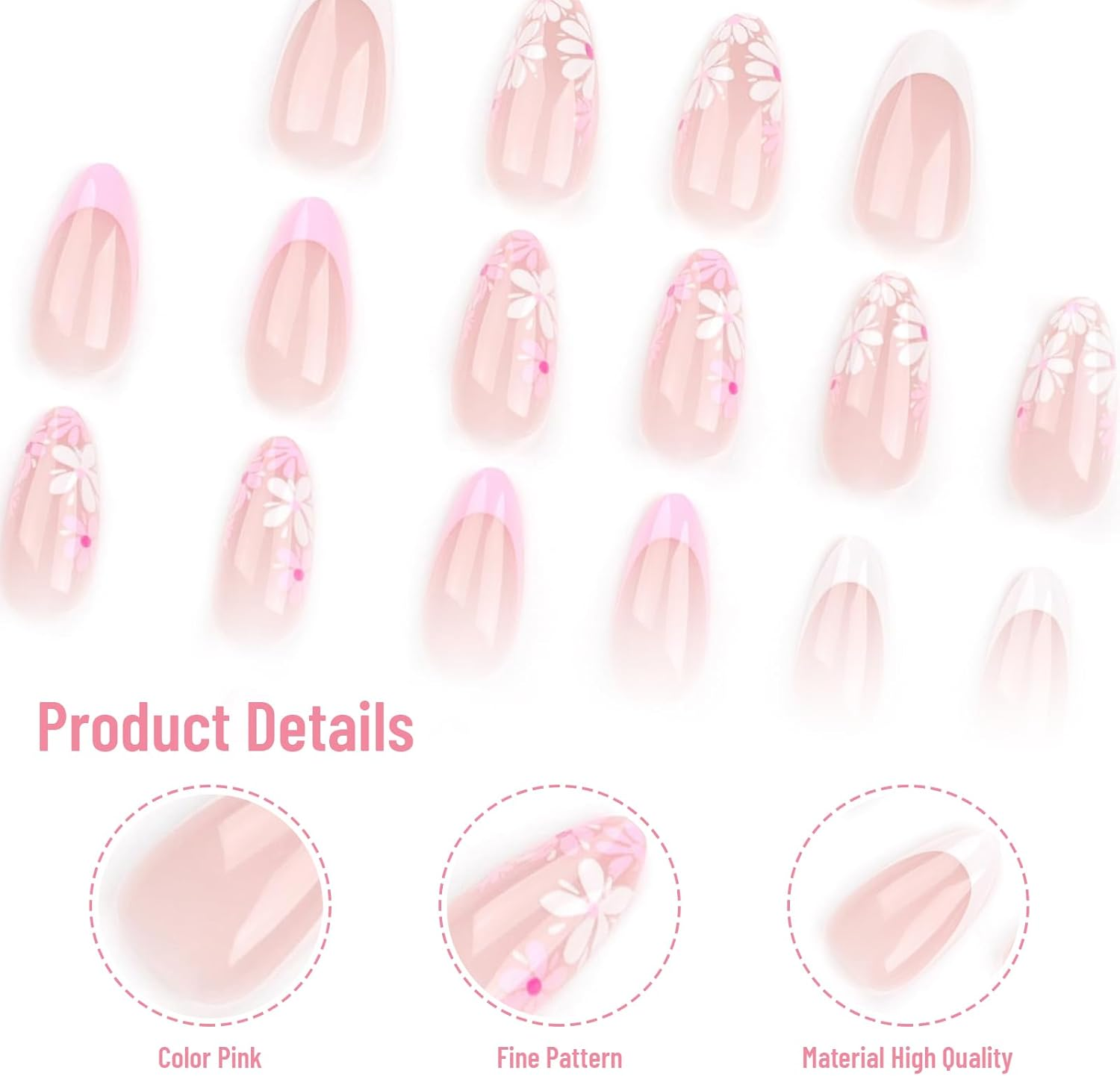 Charmburst Pack of 24 Medium Almond Shape Press on Nails, Flower Design Sticker Nails, French Style with Shine, False Nails, False Nails, Stick on Nails image number 6
