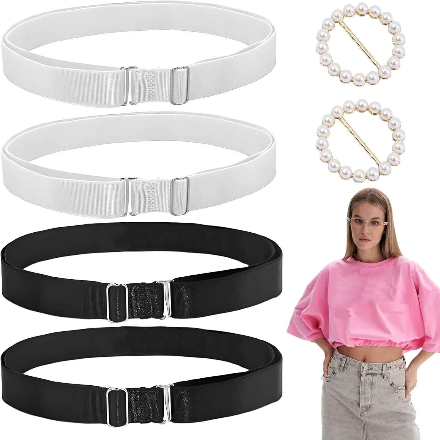 Tuck Band, 4 Pcs Elastic Band, Crop Top, Adjustable Crop Tuck Band for Shirts, Crop Tuck Tool Elastic Belts Shirt Tuck for Change You Style Your Tops, Black & White and 2Pcs Pearl Button image number 5
