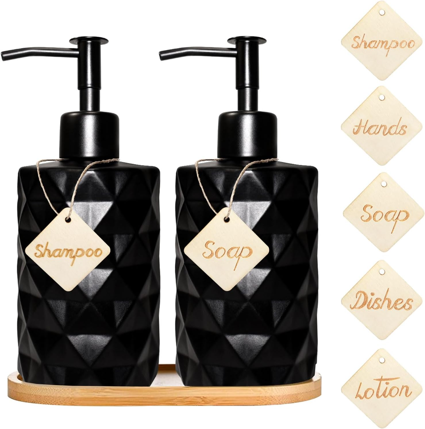 Set of 2 Glass Washing-Up Liquid Dispenser, Soap Dispenser Matte Black with Tray, Soap Dispenser Set, Hand Soap Dispenser, Shower Gel Dispenser for Kitchen, Bathroom, Shampoo, Lotion image number 1