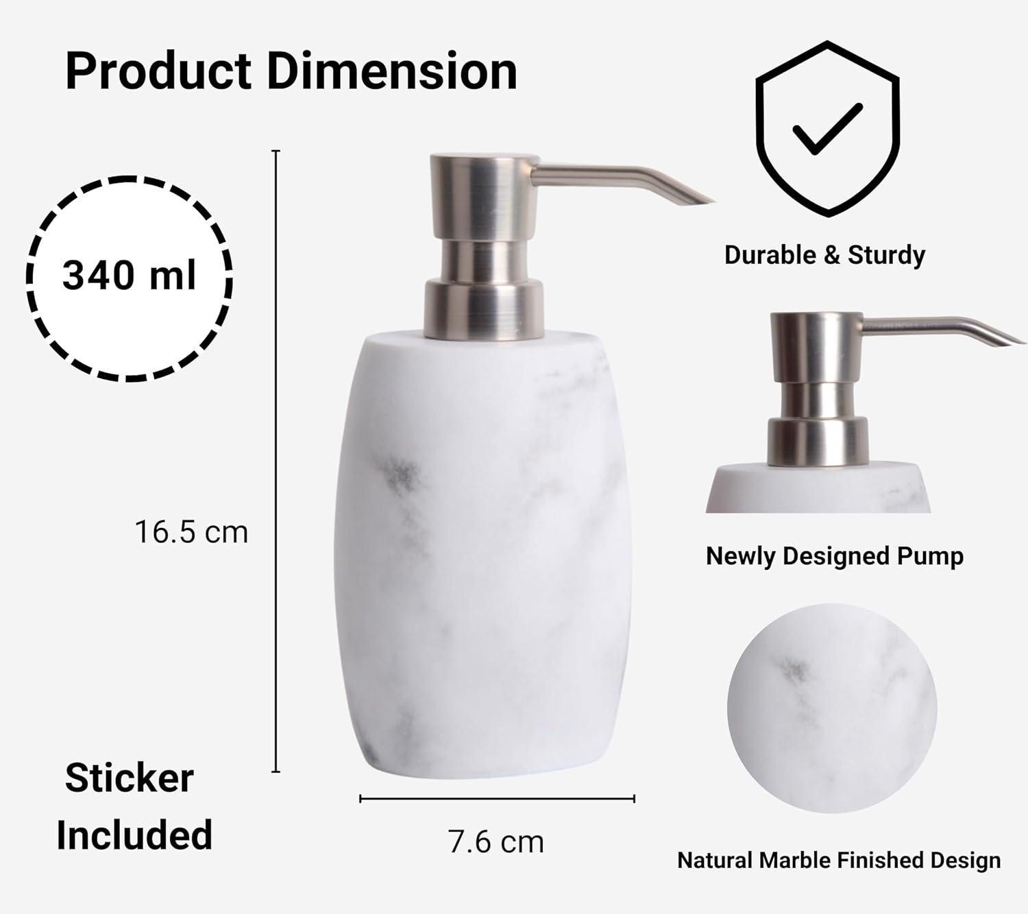 Sandstone Soap Dispenser, 350 Ml Resin Refillable Bottle with Metallic Pump & Waterproof Labels &ndash; White Marble, 2-Pack for Bathroom, Kitchen, Hand Wash & Dish Soap