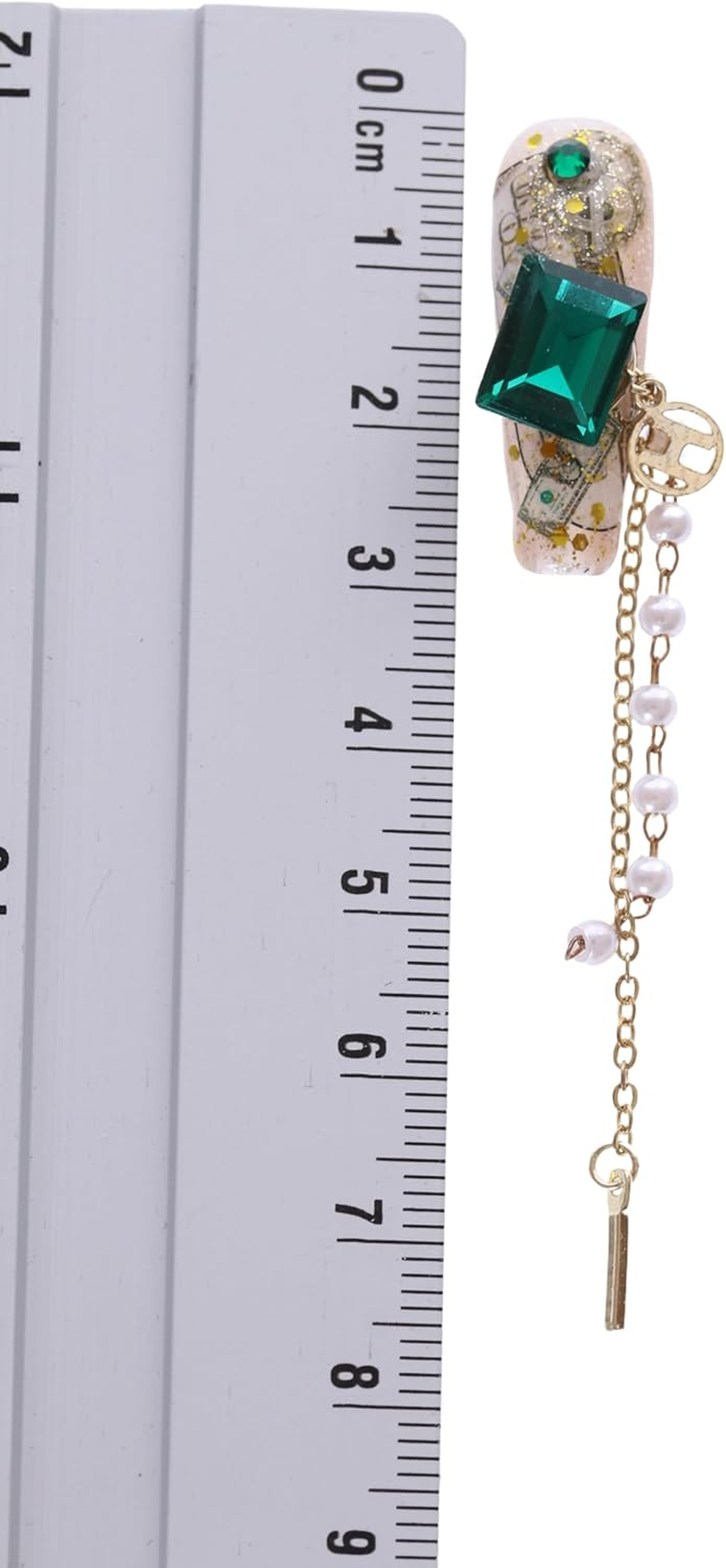 PN-029 Press-On Nails Lacquered Pack of 10 Reusable Artificial Premium Nails Dollar $ Chain Green Crystal Stones Gold Beige image number 6