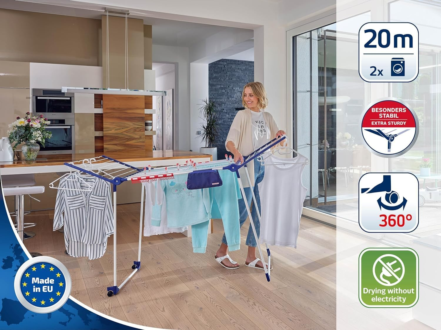 Leifheit Pegasus 200 Solid Deluxe Mobile Clothes Airer Dryer with 20 Meter Clothes Horse, White/Blue image number 3