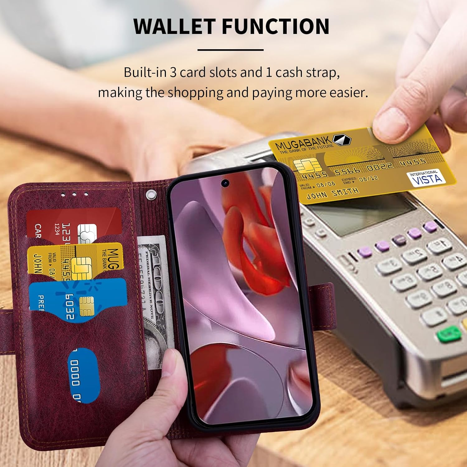 Oduio for Google Pixel 9A Wallet Case Leather Flip Folio Case with Card Holder Kickstand Shockproof Magnetic Protective Phone Cover for Men Women Pixel 9A RFID Wallet Cases 6.3 Inch Wine Red image number 5