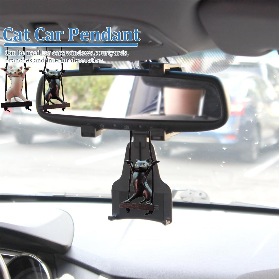Swing Cat Car Interior Decoration, Pack of 2 Car Accessories for Hanging, Car Mirror Hanging, Bobble Head Figure, Car Decoration, for Car Mirrors, for Men and Women, Black, Grey image number 2