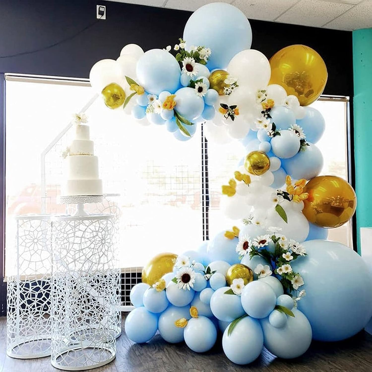 138 Pcs Blue White Balloons Garland Kit, Light Blue Balloon Arch with Gold Foil Balloons for Baby Shower Bridal Shower Boy Girls Birthday Wedding Party Teddy Bear Party Decorations image number 6