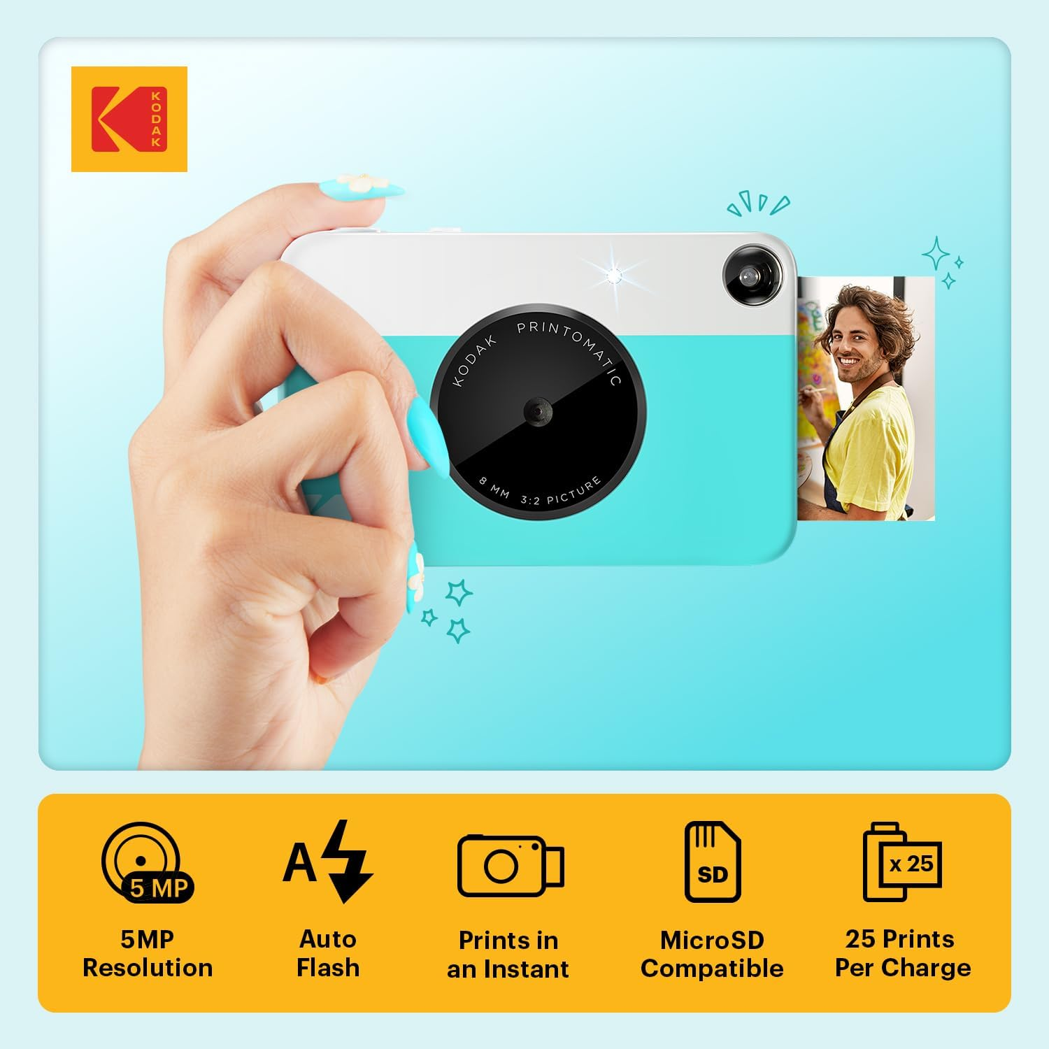 Kodak PRINTOMATIC Digital Instant Print Camera (Blue), Full Color Prints on Zink 2X3 Sticky-Backed Photo Paper - Print Memories Instantly image number 3