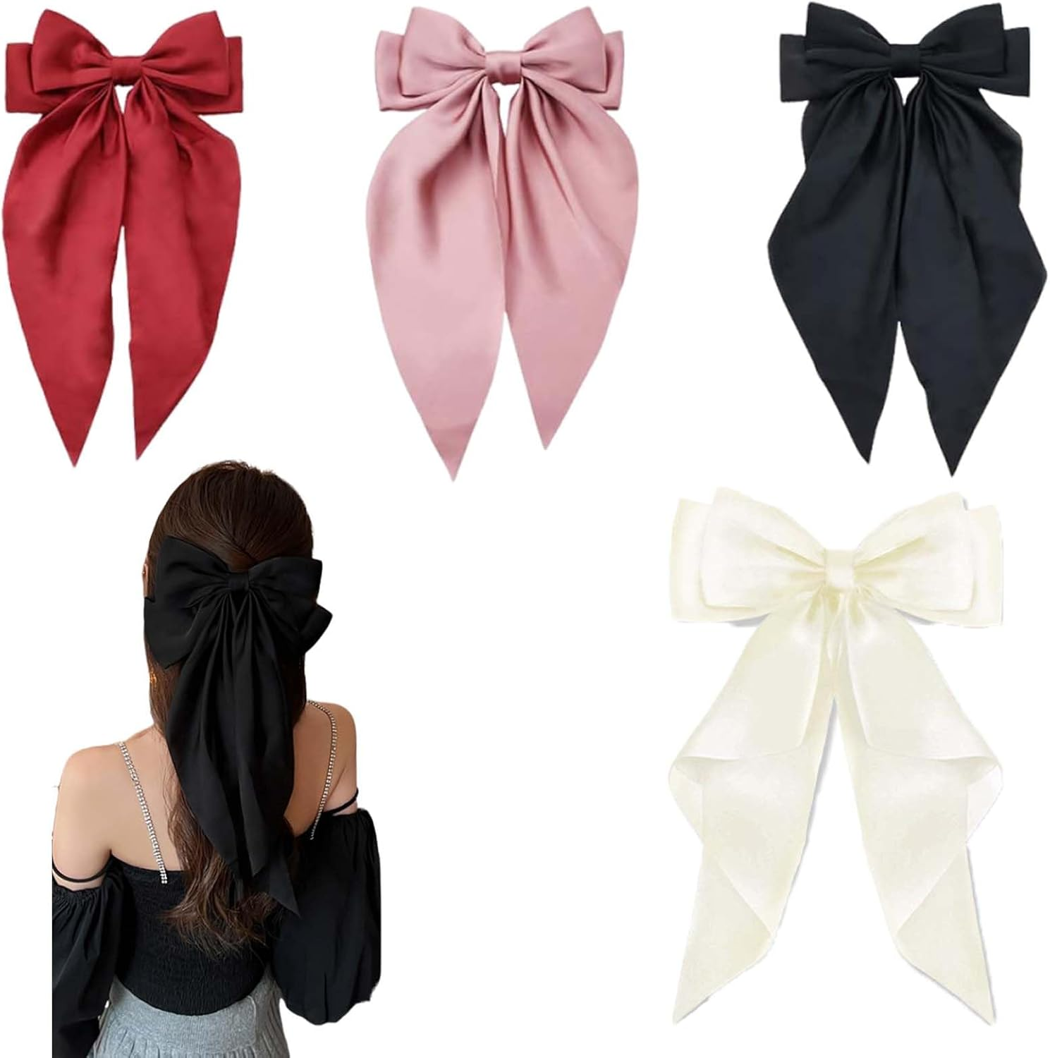 Dinghaole 4 Bow Hair Clips Women Hair Bow Crocodile Clip Hair Clip Satin Hair Bow (Red, Pink, Beige, Black) image number 2