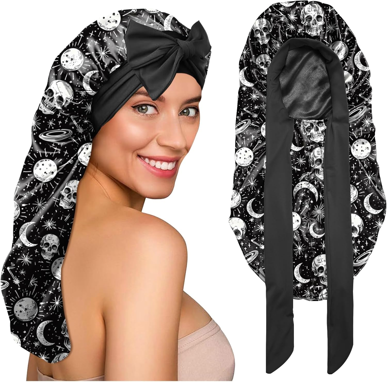 BHAHB Silk Feeling Long Satin Bonnet for Sleeping Adjustable Double Layer Elastic Reusable Long Hair Caps Cute Women Girls - A1-Flowers image number 4