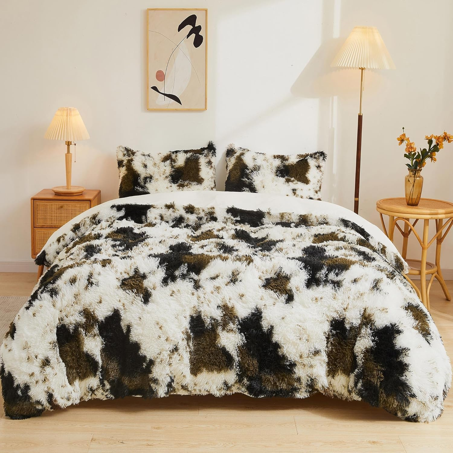 LIFEREVO Cheetah Print Faux Fur Duvet Cover Fluffy Bedding Set, 3 Pieces Soft Plush Fuzzy Comforter Cover Set(1 Shaggy Comforter Cover+2 Furry Pillowcases), Zipper Closure(Queen, Leopard Print Grey)
