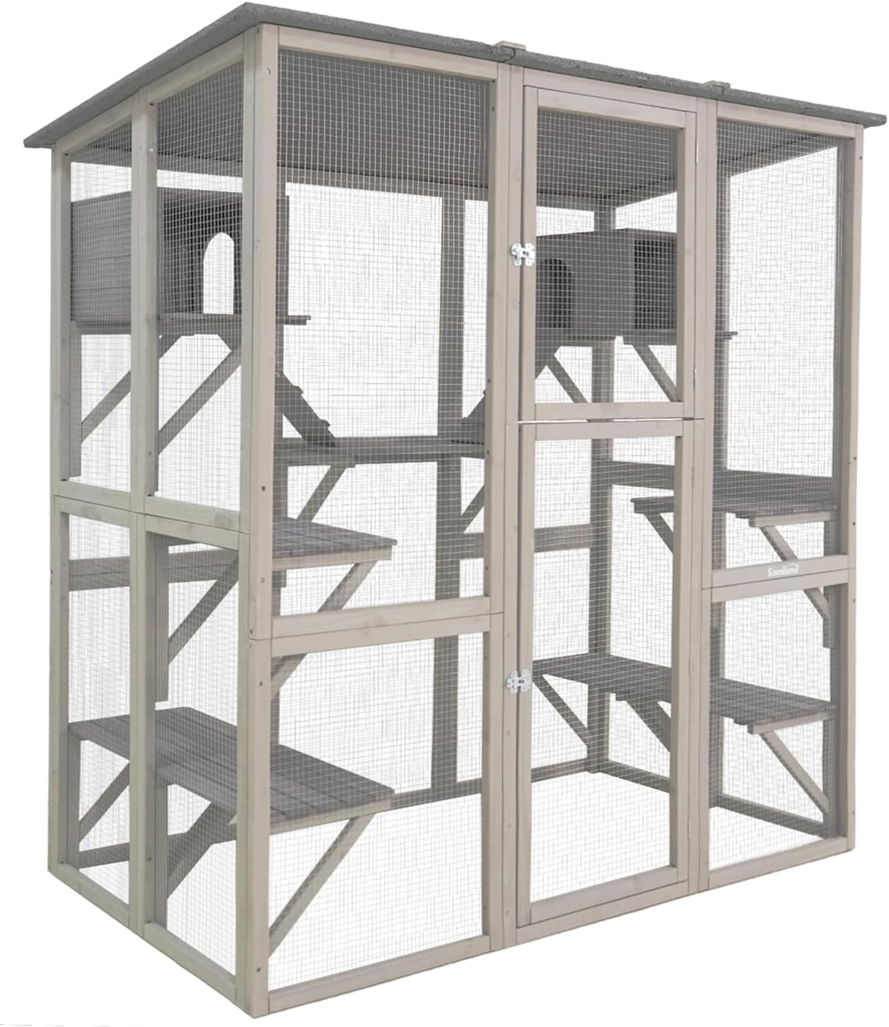 Samland Extra-Large Cat House Outdoor/Indoor Walk-In Enclosure with Huge Door, Wooden Playpen with Platforms & Small Houses &ndash; Spacious Design for Multiple Cats, L181 X W97 X H181Cm image number 1