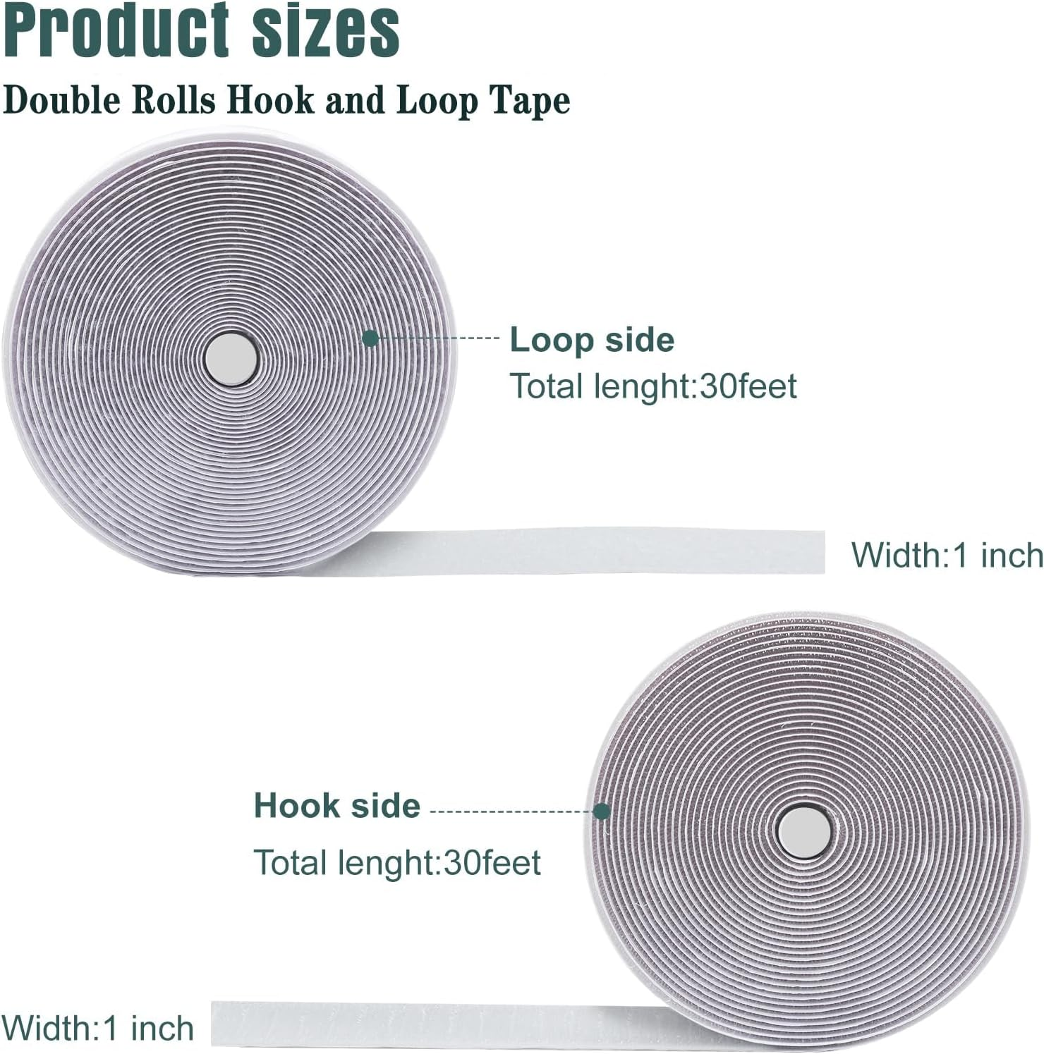 30Ft X 1 Inch Hook and Loop Strips with Adhesive, Double Rolls of Heavy Duty Self Adhesive Tape with Backing, Nylon Self Adhesive Tape for Home Office School and Crafting (2.5Cm*9M/1In*30Ft-White)