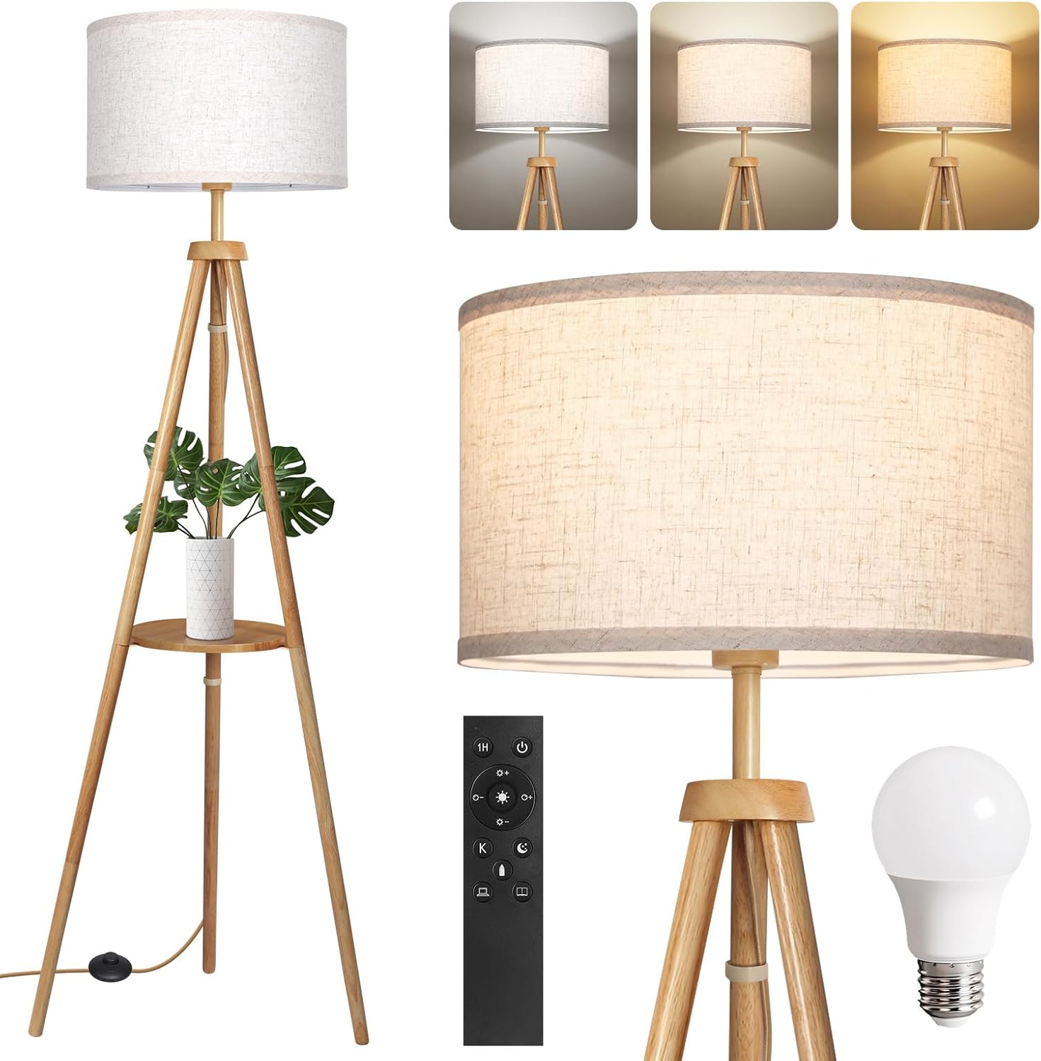 OUTON Wooden Tripod Floor Lamp with Shelves, 4 Color Temperatures Mid Century Dimmable Floor Lamp with Remote & &lrm;Touch Control, Modern Tall Standing Lamp for Living Room Bedroom Office, Walnut Wood