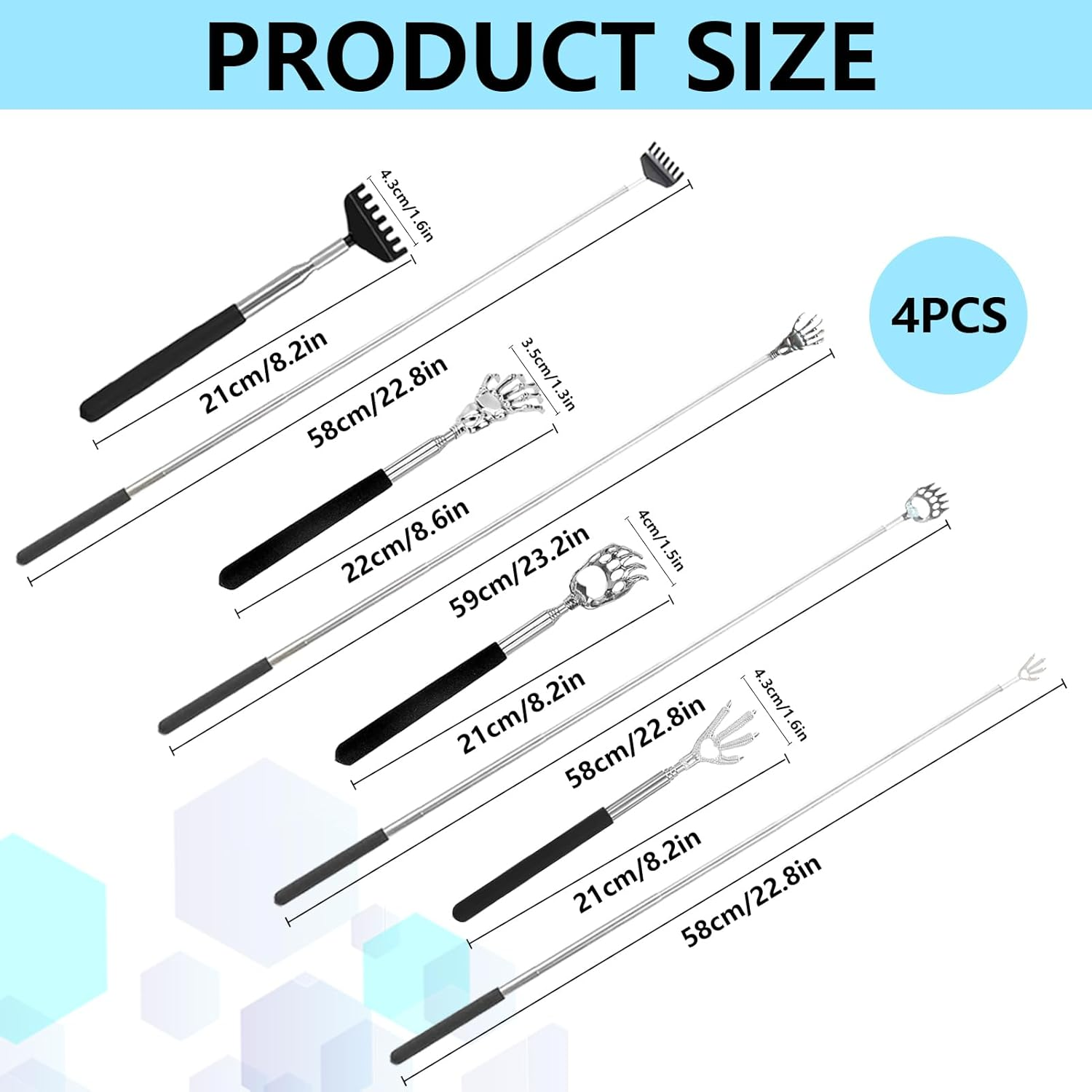 Back Scratcher, 4 Pcs Back Massager, Massage Stick, Black Portable Extendable Stainless Steel Itch Scratchers for Adults Men Women Itch Relief, Bear Claw & Eagle Claw & Demon Hand Various Shapes image number 3